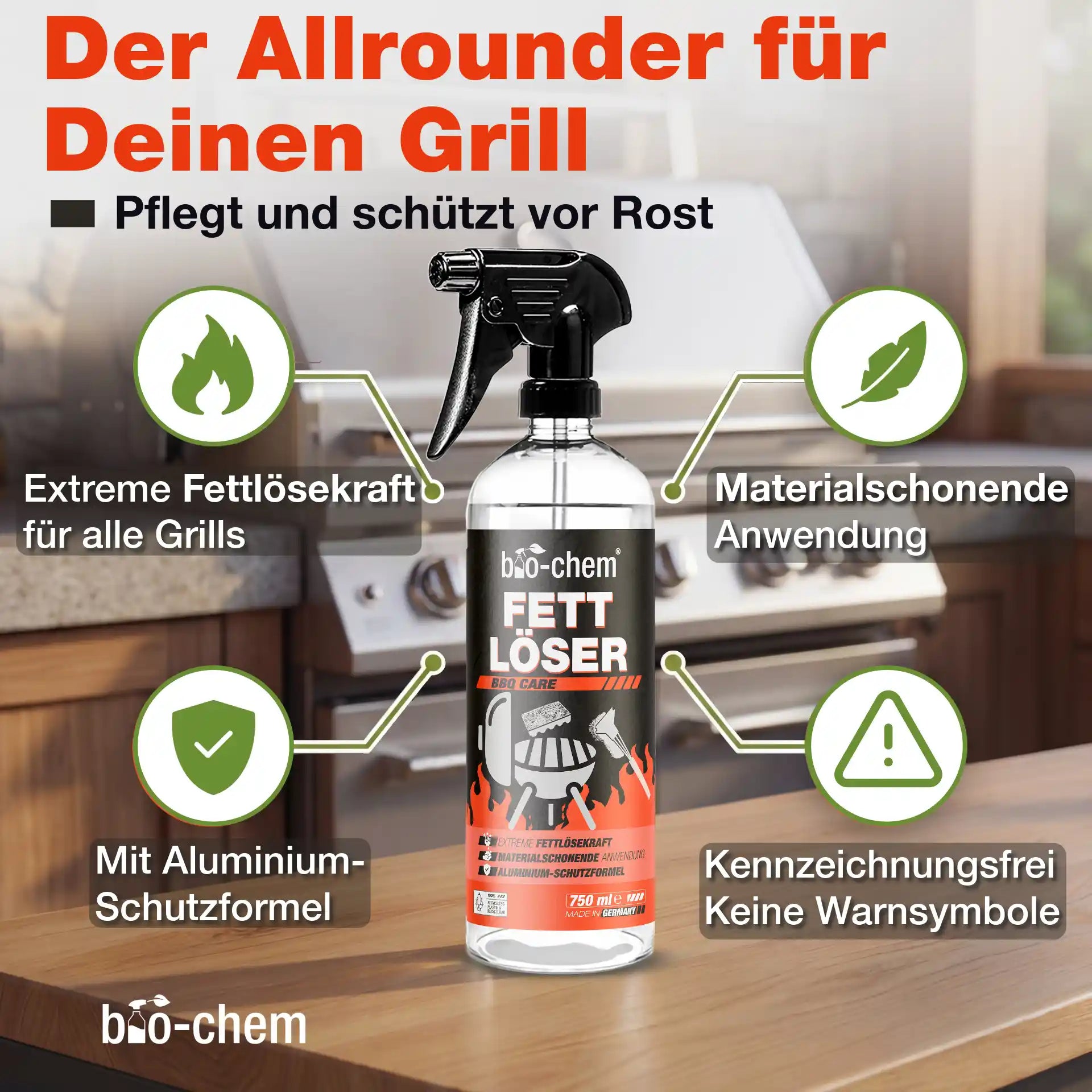 Eigenschaften des bio-chem Fettlösers: Extreme Fettlösekraft, Rostschutz, Aluminium-Schutzformel und kennzeichnungsfrei ohne Warnsymbole.