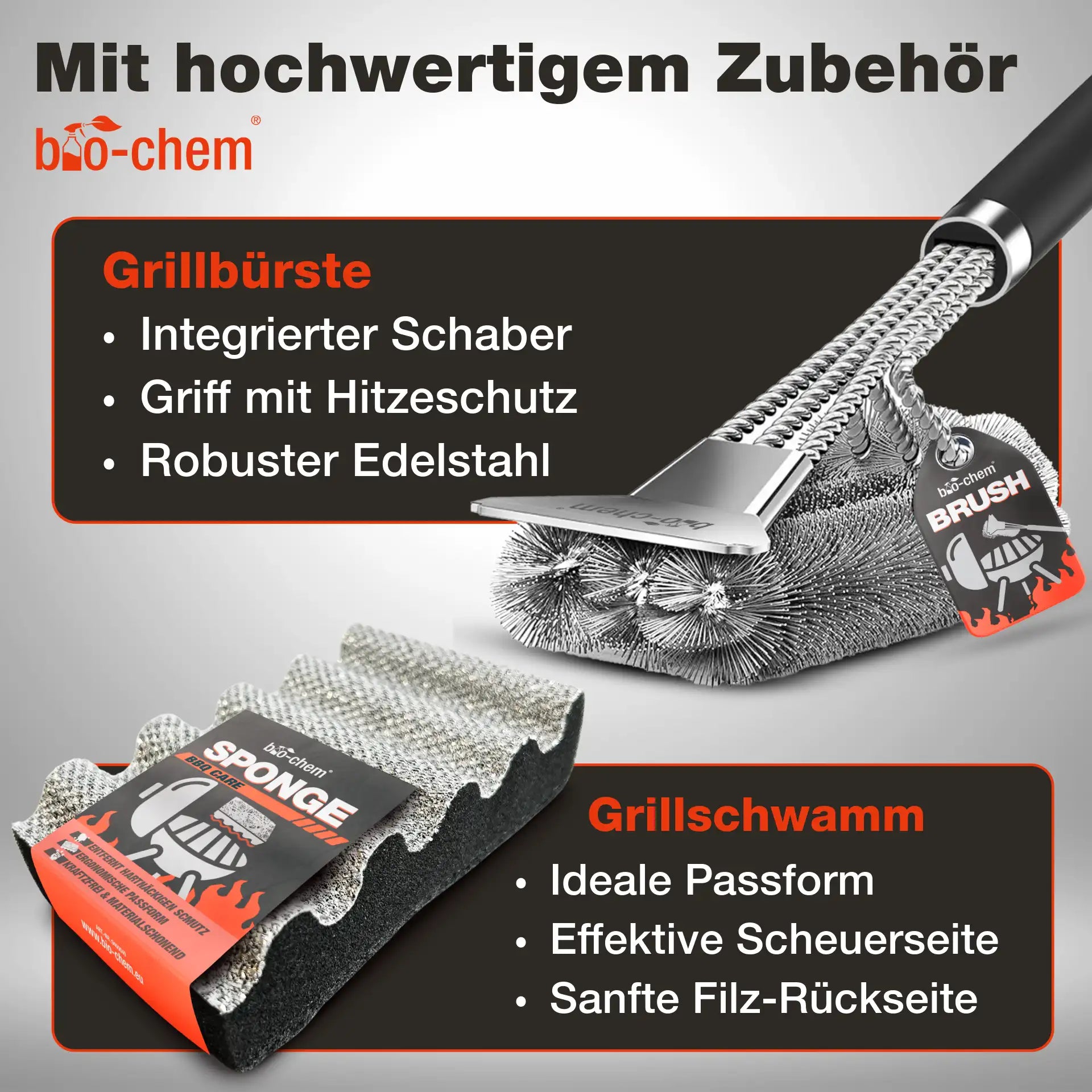 Edelstahl-Grillbürste mit integriertem Schaber und ergonomischer Grillschwamm mit Scheuerseite