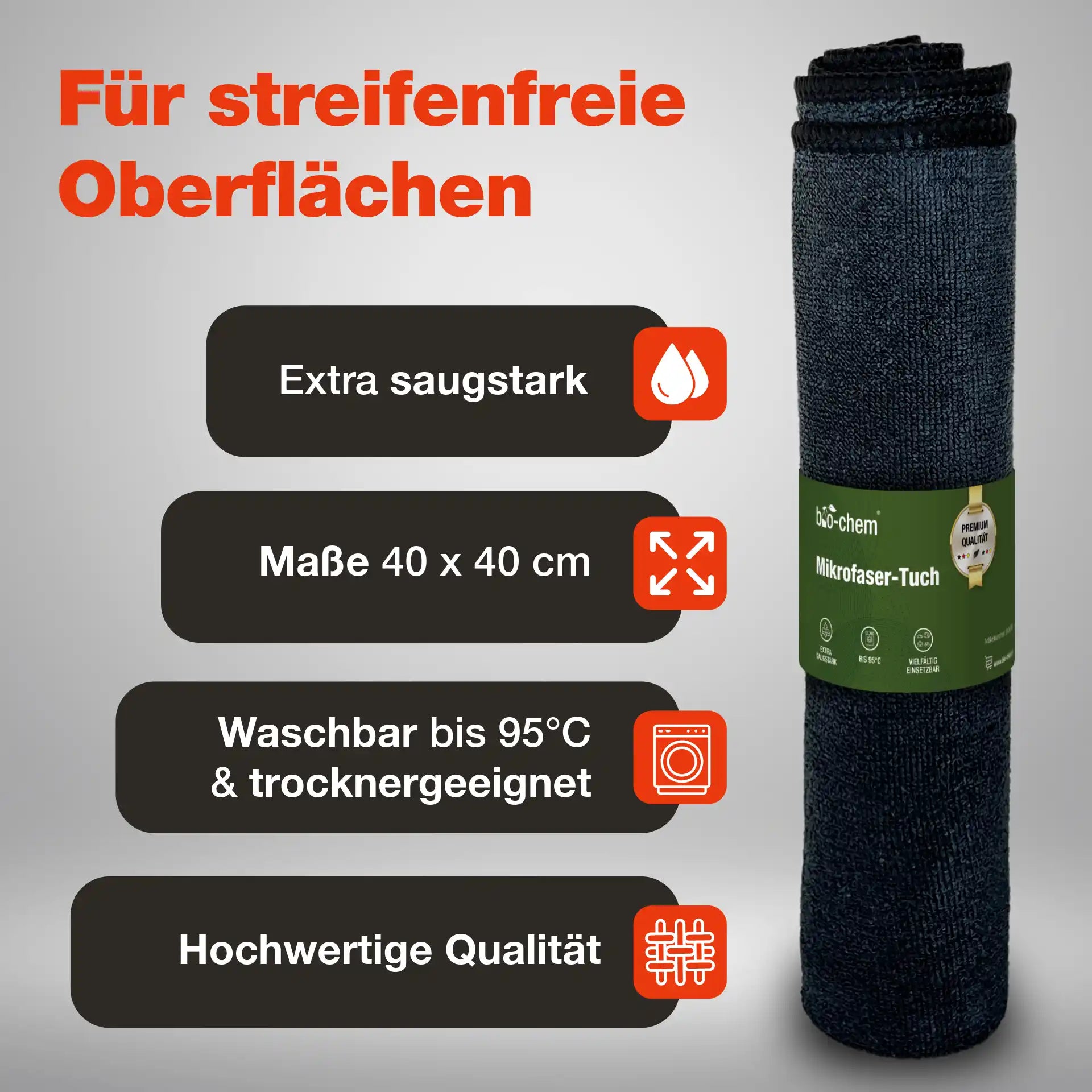 Saugstarkes bio-chem Mikrofasertuch (40x40 cm) für streifenfreie Oberflächen, waschbar bis 95°C.