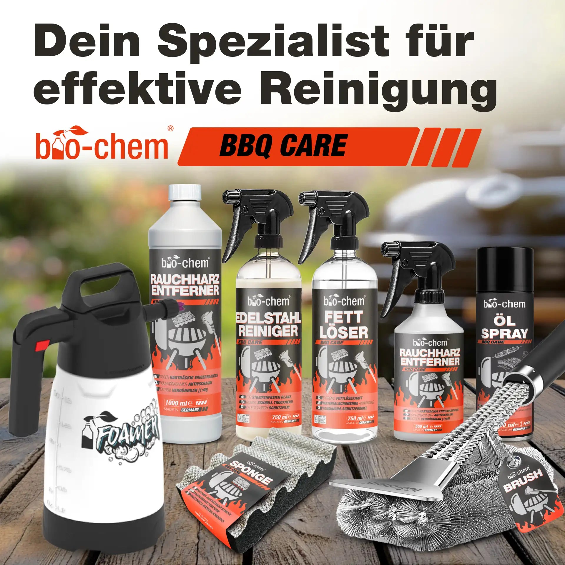 Mehrere bio-chem BBQ Care Reinigungsprodukte inklusive Foamer, Edelstahlreiniger und Zubehör nebeneinander präsentiert