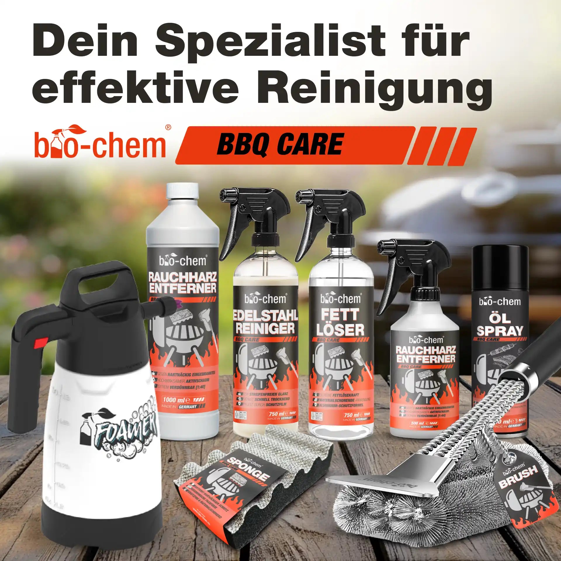 bio-chem BBQ Reiniger Set – Grillreiniger Rauchharzentferner Fettlöser Edelstahlreiniger Grillzubehör Komplettset