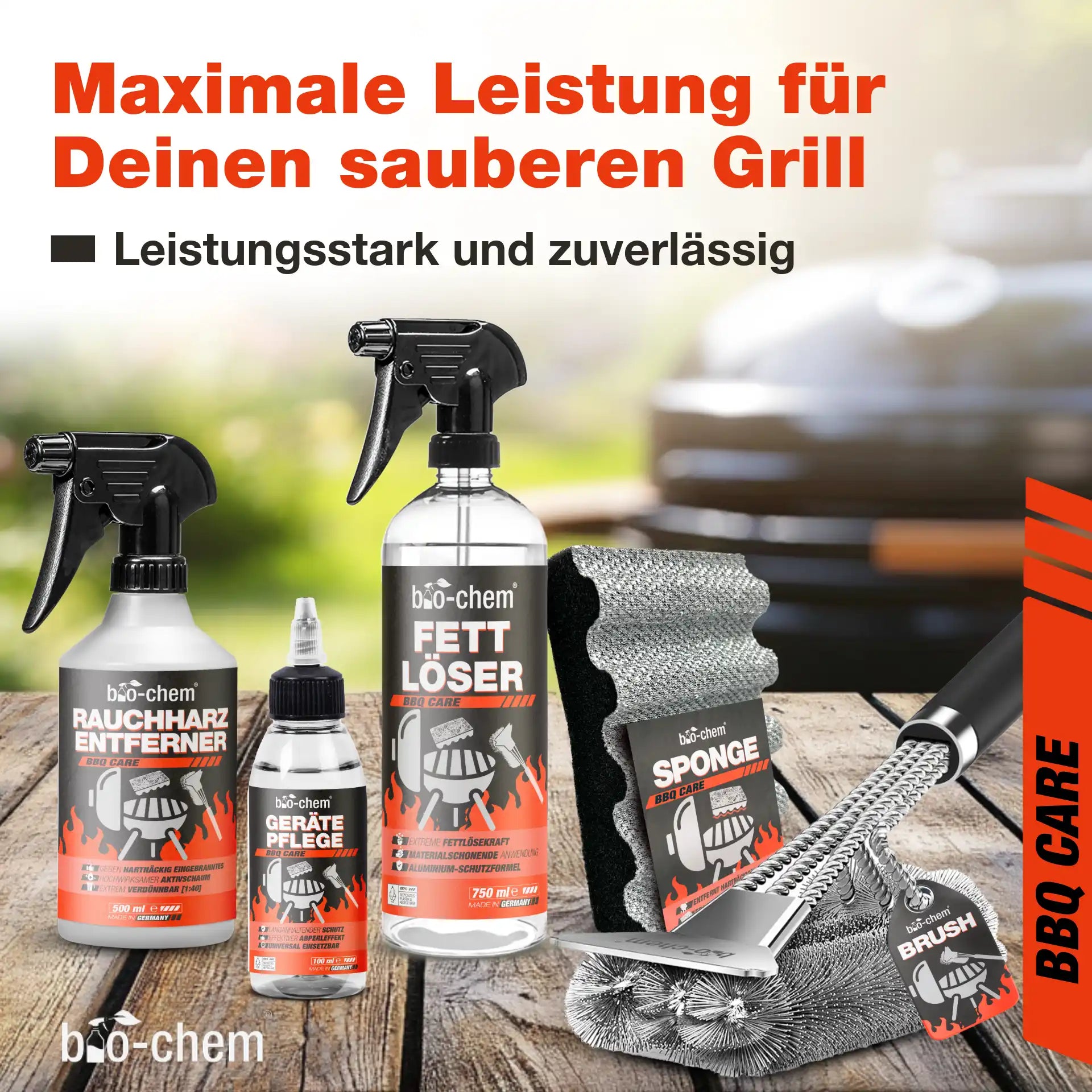 Hauptansicht des Sets mit klarer Produktplatzierung (Flaschen, Schwamm &amp; Bürste)