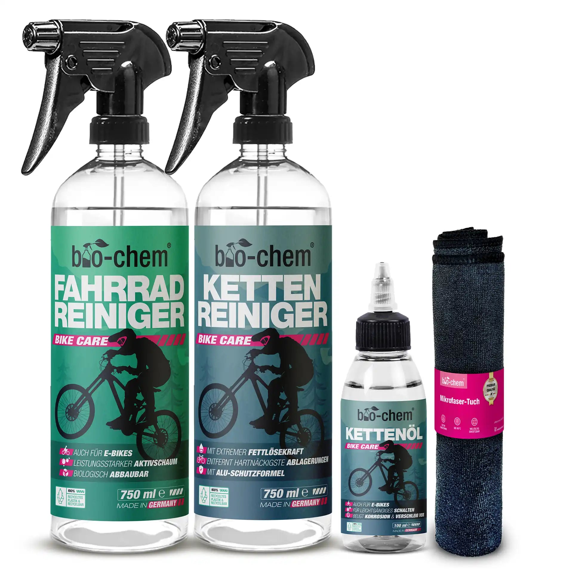 bio-chem Fahrrad-Reinigung Basic-Set – Kettenreiniger, Fahrradreiniger, Kettenöl und Mikrofasertuch, effektiv und materialschonend