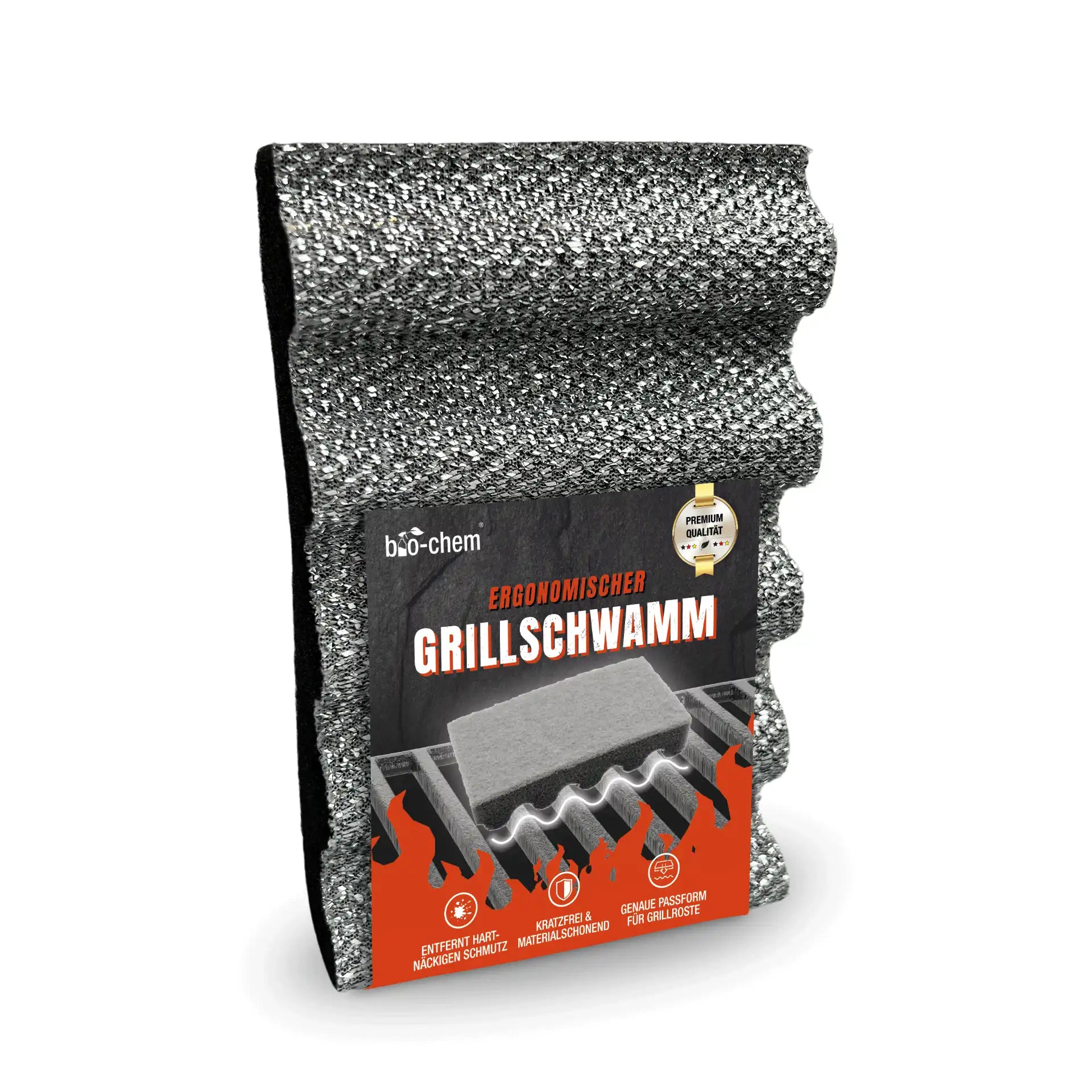 Ergonomisch geformter Bio-Chem Grillschwamm mit silberner Scheuerfläche und schwarzer Filz-Rückseite, passend für Grillroste