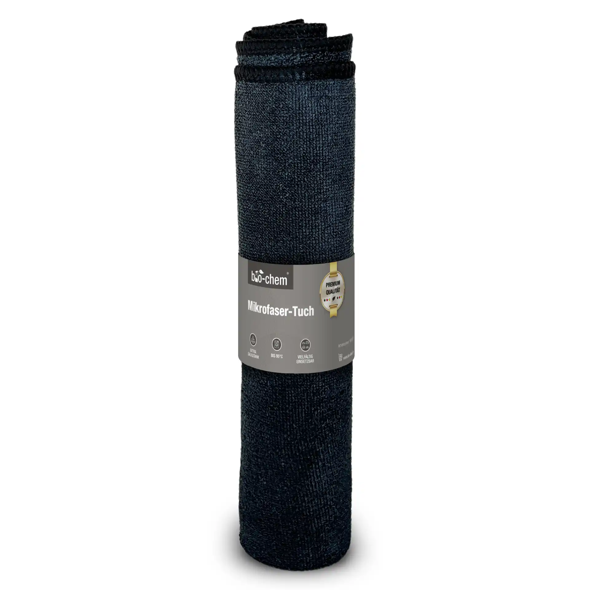 Schwarzes Bio-Chem Mikrofasertuch, gerollt mit grauem Etikett, saugstark und bis 95 °C waschbar