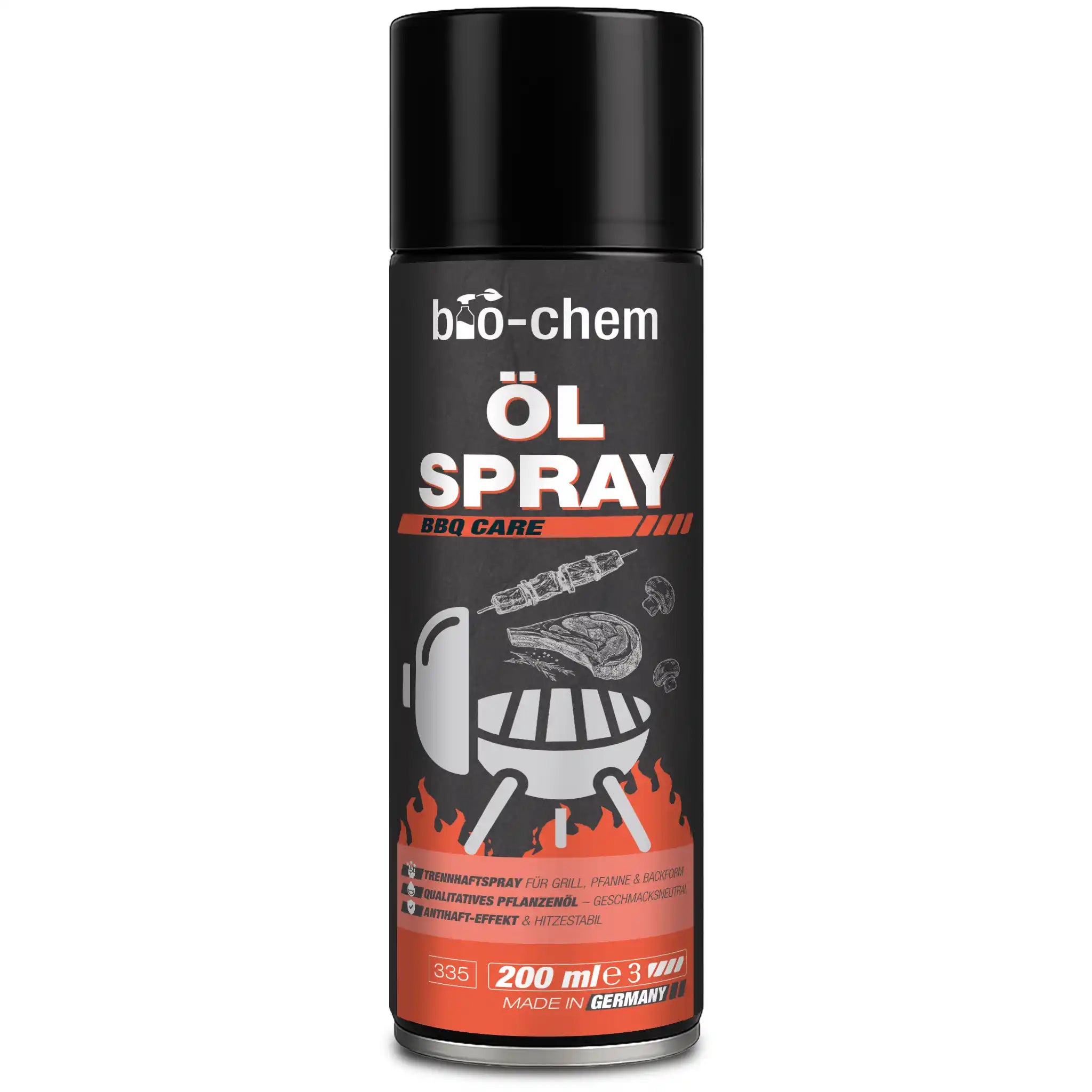 Freigestelltes Produktbild der bio-chem Ölspray BBQ Care 200 ml Sprühdose mit Grillgrafik