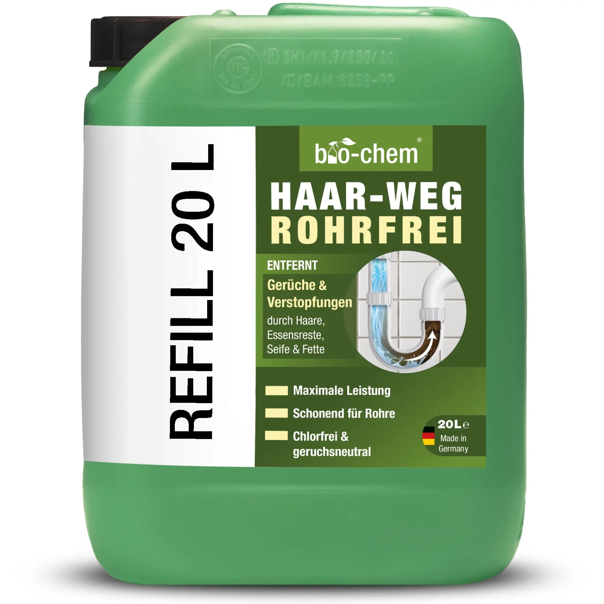Kanister des bio-chem Haar-Weg Rohrfrei Rohrreinigers mit grünem Etikett, geeignet für bis zu 20 Anwendungen