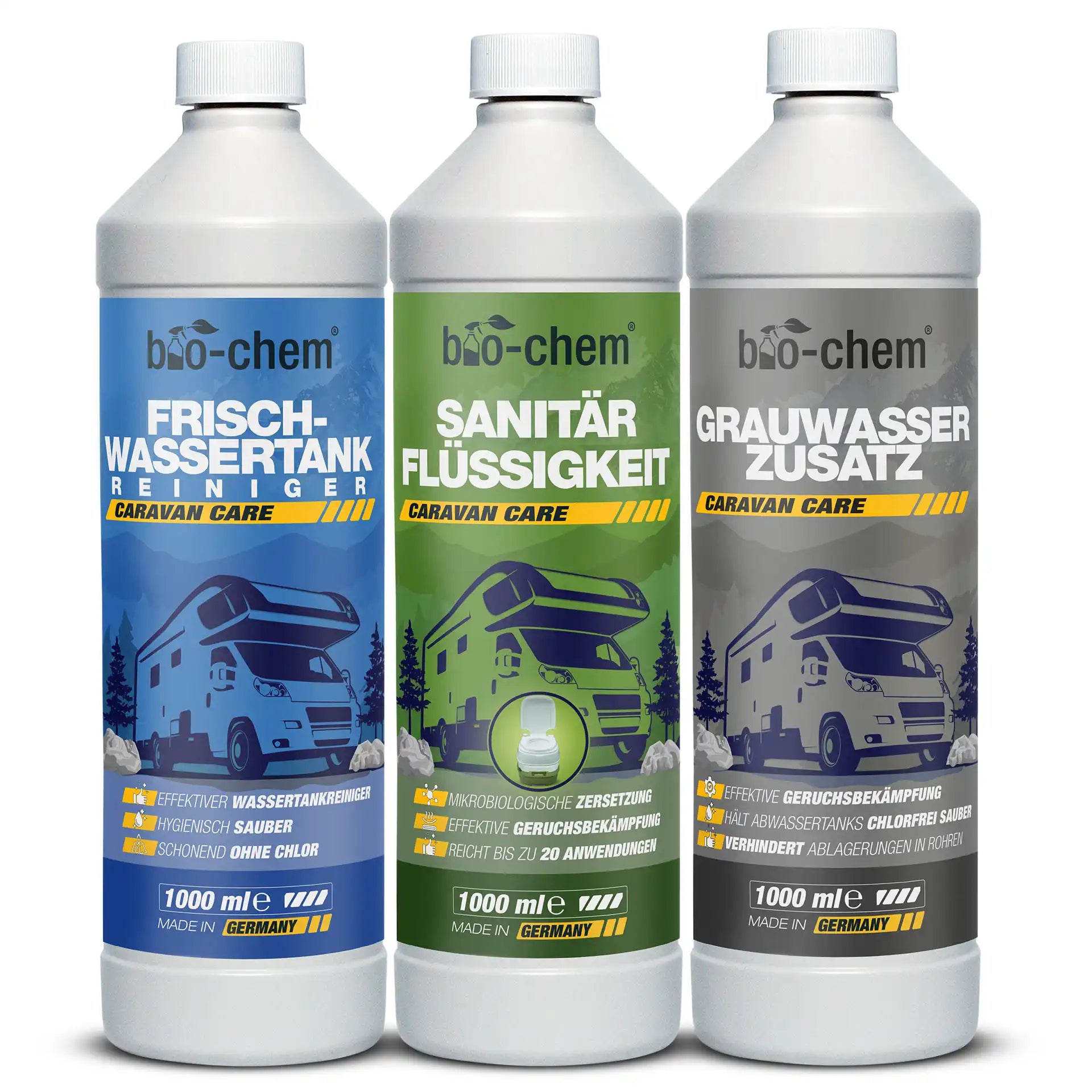 Caravan Hygiene-Trio mit Frischwassertankreiniger, Sanitärflüssigkeit und Grauwasserzusatz von bio-chem