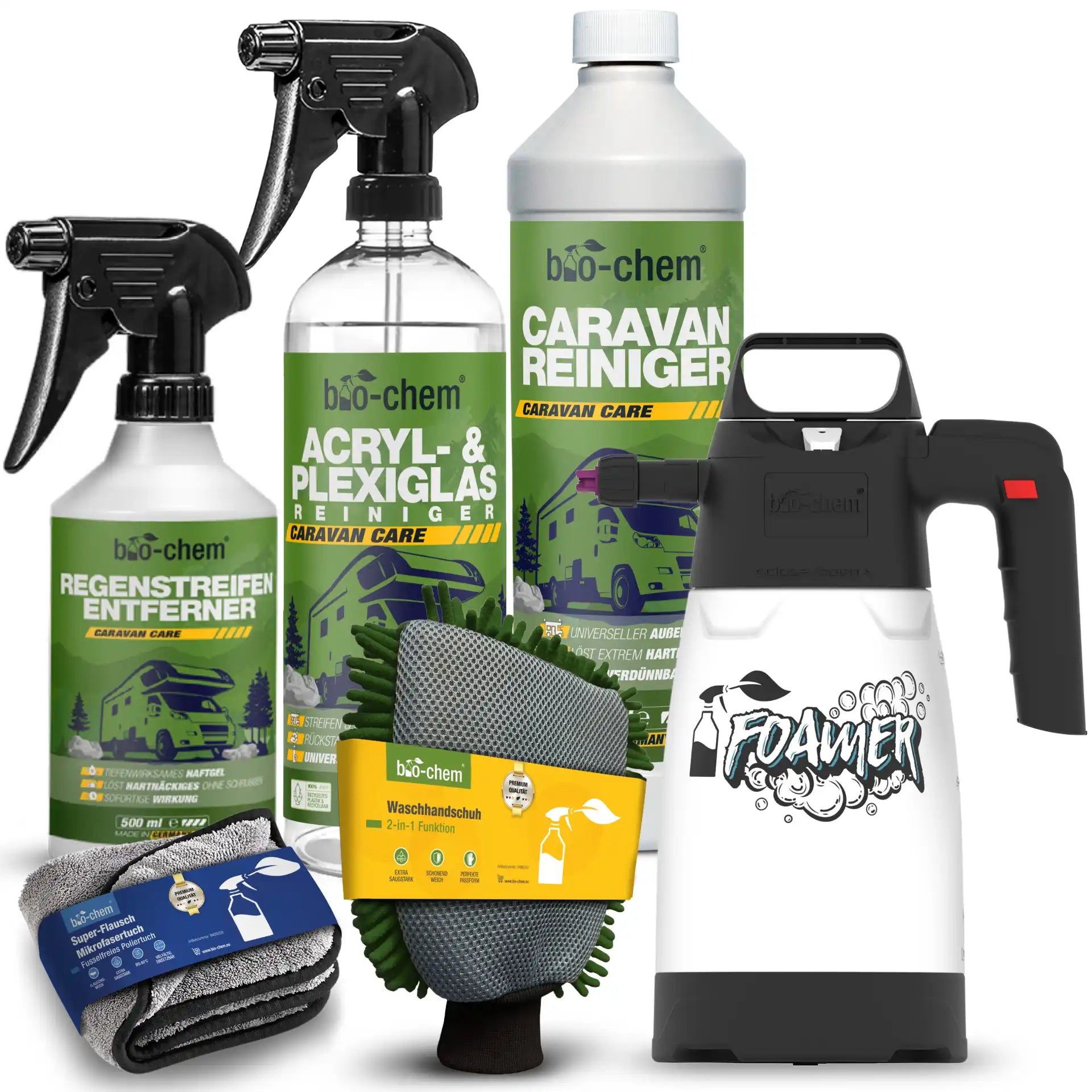 Caravan Pflegeset 6-teilig mit Reinigern, Schaumsprüher, Waschhandschuh und Mikrofasertuch von bio-chem