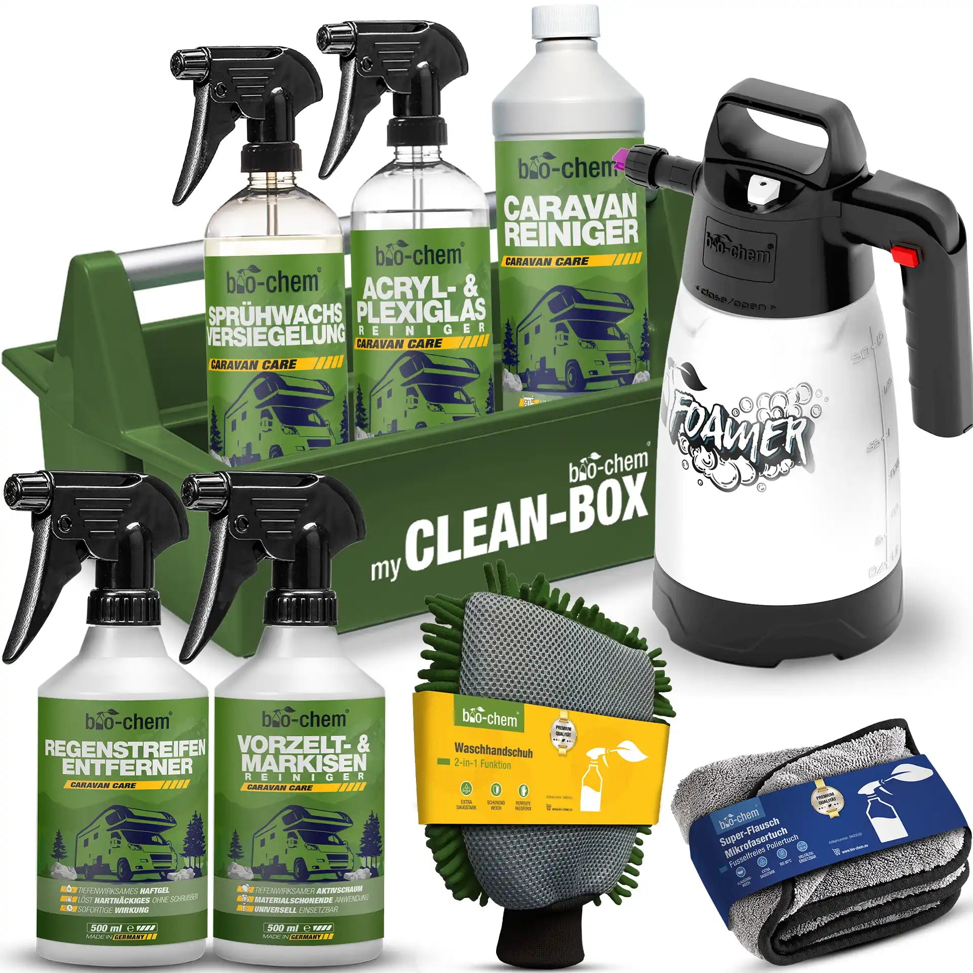 Caravan Pflegeset 9-teilig mit Reinigern, Zubehör und Schaumsprüher für Wohnmobil und Caravan von bio-chem