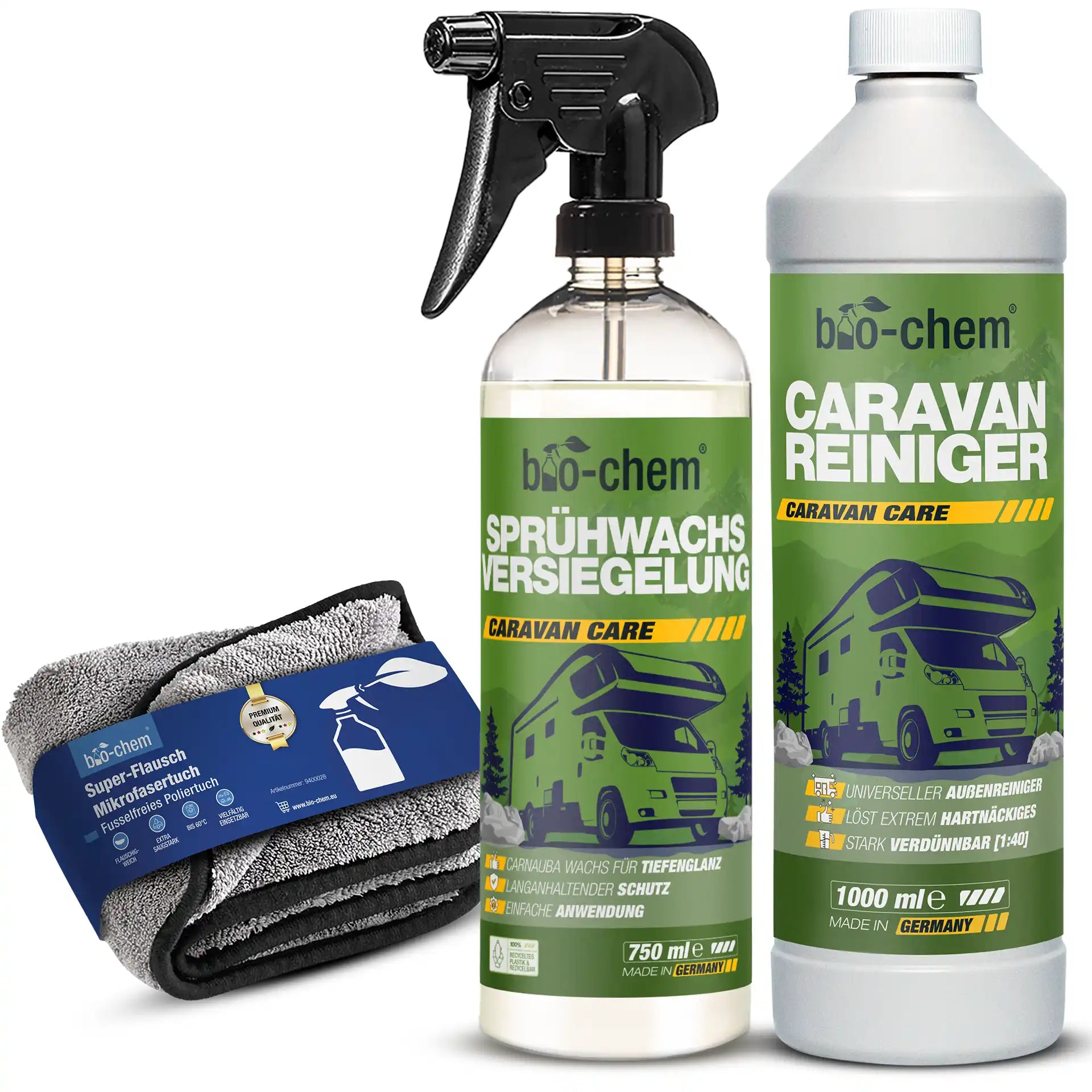 Caravan Reiniger, Sprühwachs Versiegelung und Super-Flausch Mikrofasertuch – Caravan Care Set