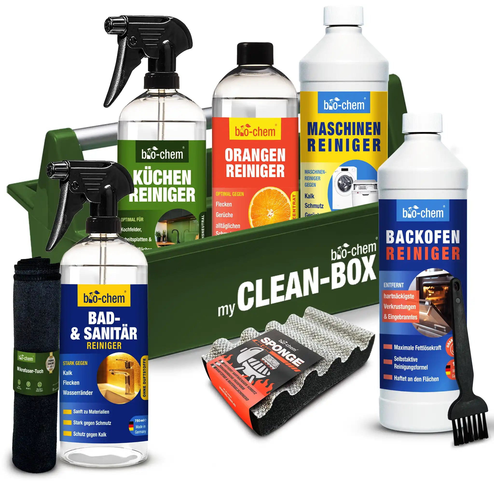 bio-chem Clean-Box – Komplettset mit Küchenreiniger, Orangenreiniger, Maschinenreiniger, Backofenreiniger, Bad- &amp; Sanitärreiniger, Mikrofasertuch, Grillreinigungsschwamm und Aufbewahrungsbox