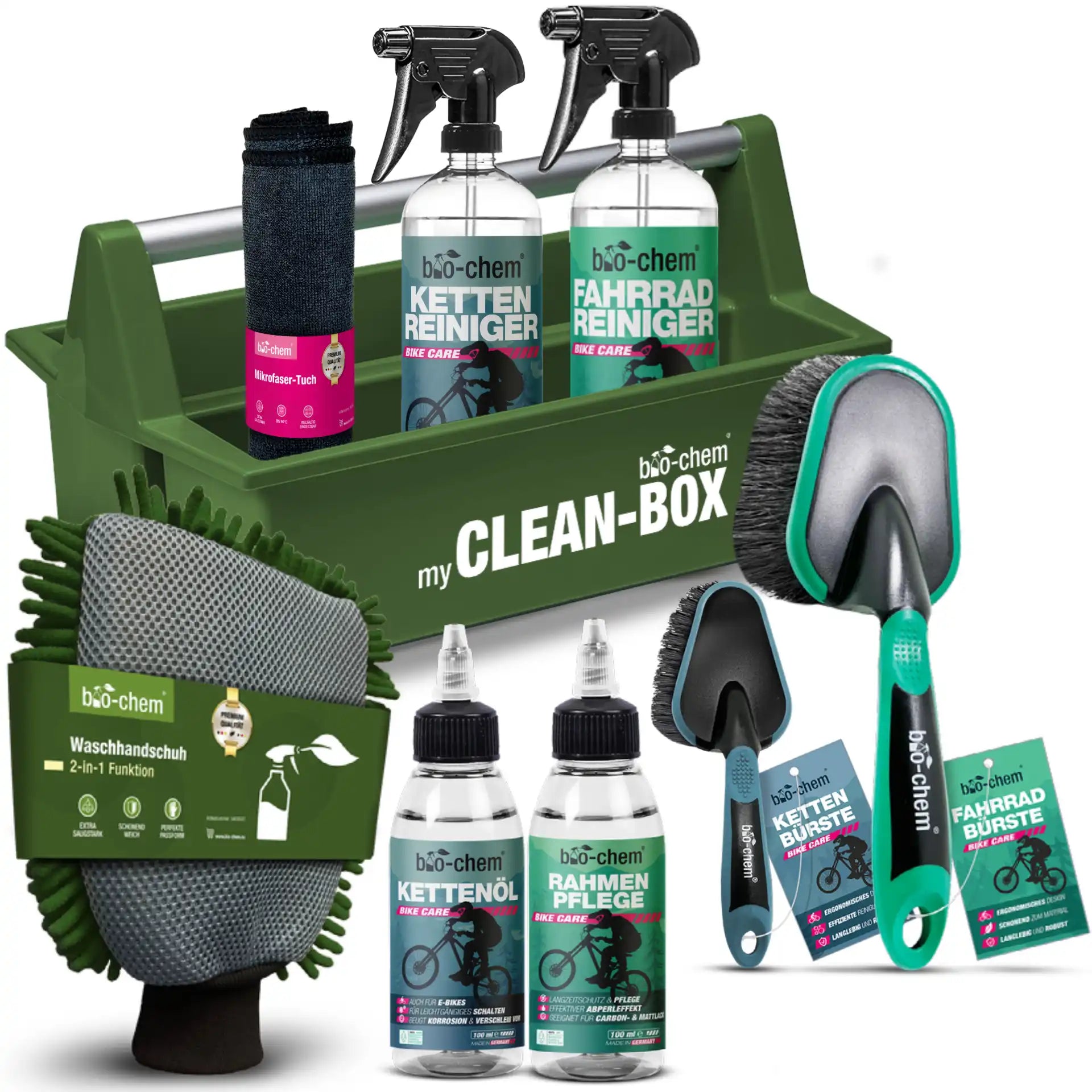Fahrradpflege Premium-Set 9-teilig mit Fahrradreiniger, Kettenreiniger, Rahmenpflege, Kettenöl, Bürsten, Mikrofasertuch und Aufbewahrungsbox von bio-chem