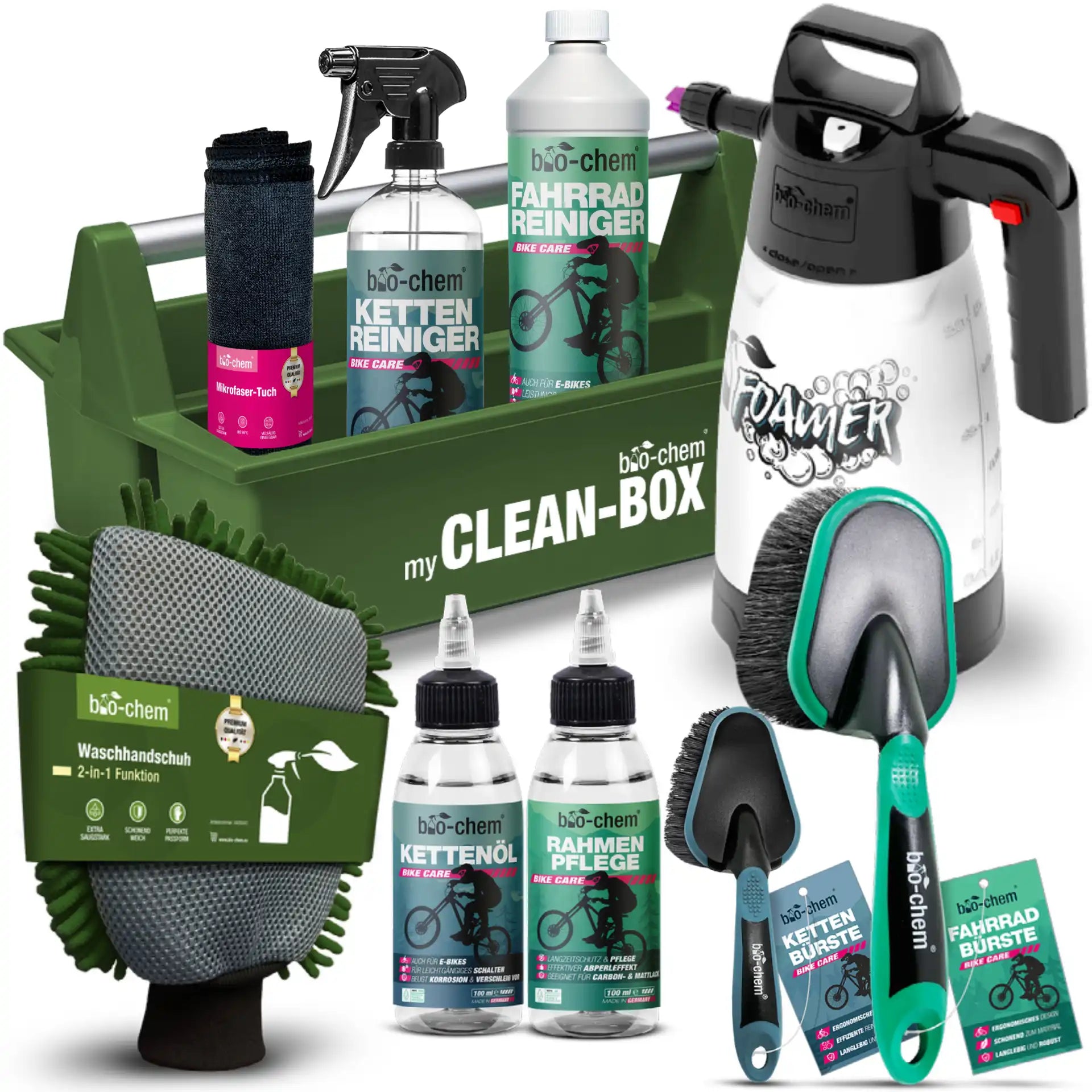 Fahrradpflege Premium-Set 10-teilig mit Fahrradreiniger, Kettenreiniger, Rahmenpflege, Kettenöl, Bürsten, Foamer, Mikrofasertuch und Aufbewahrungsbox von bio-chem