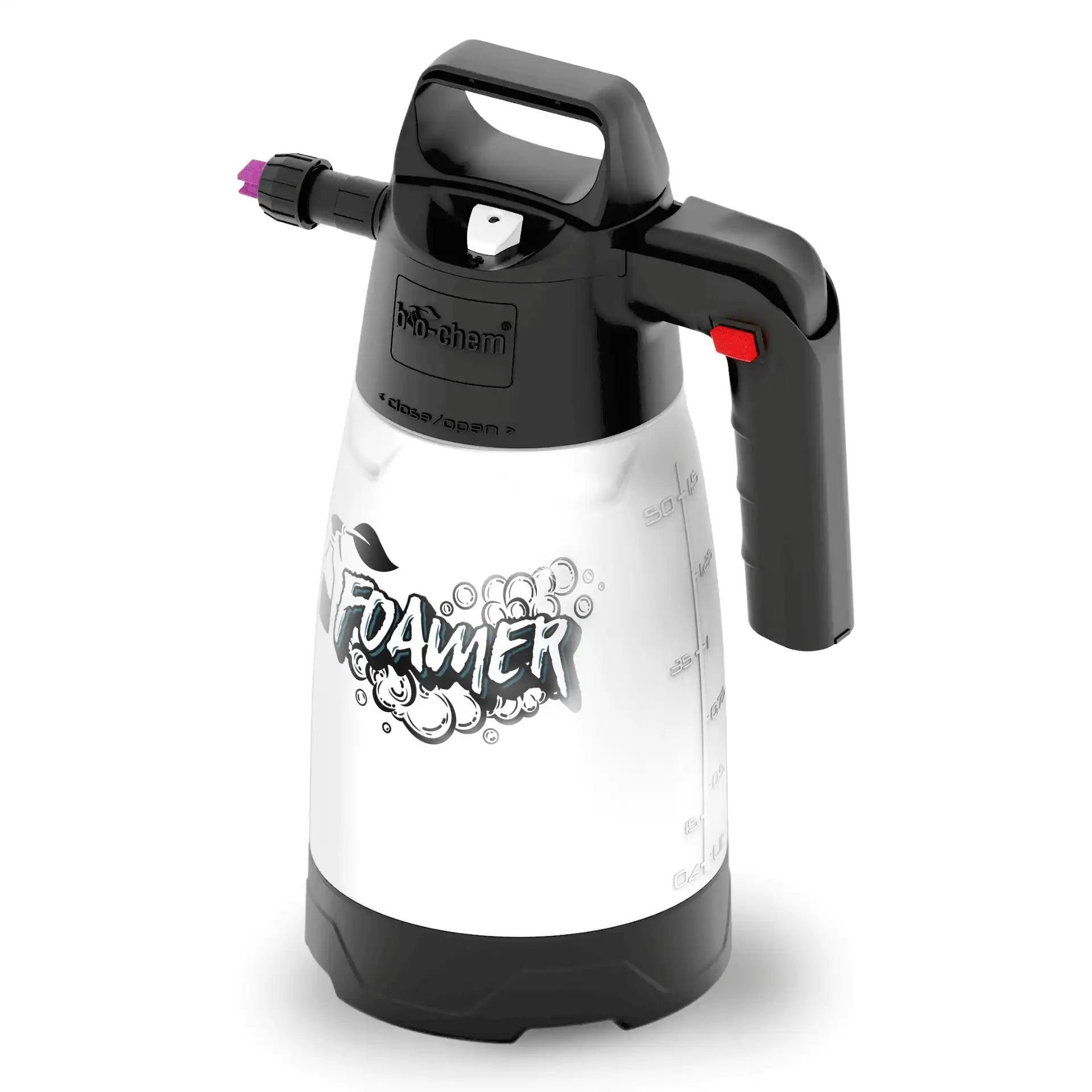 bio-chem Foamer Schaumsprüher 1,25 L – Druckpump-Sprüher mit Füllstandsanzeige, Sicherheitsverriegelung am Griff und drei verschiedenen Schaumaufsätzen