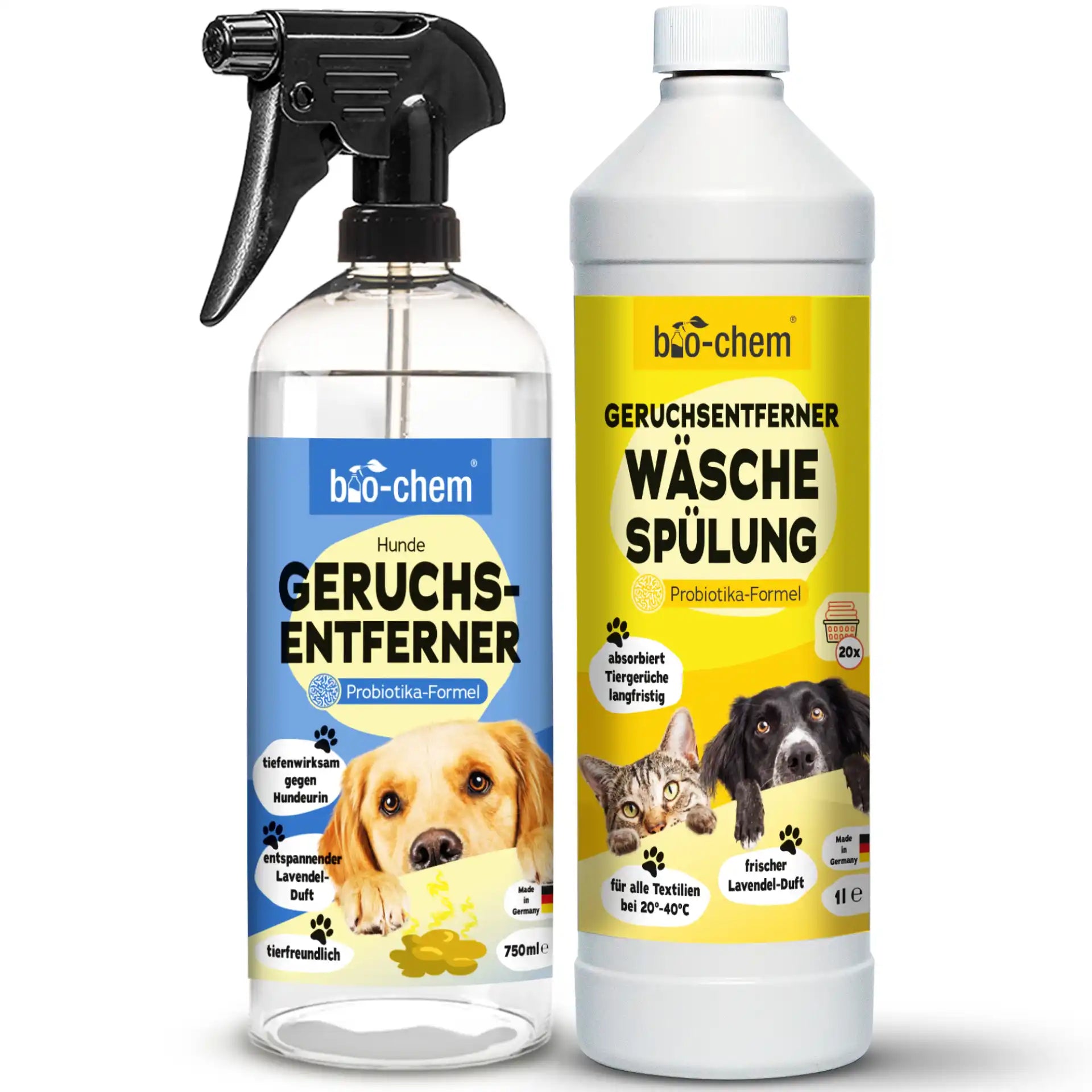 bio-chem Hunde Geruchsentferner Spray und Wäschespülung – Probiotika-Formel, Lavendelduft, entfernt Tiergerüche gründlich und nachhaltig