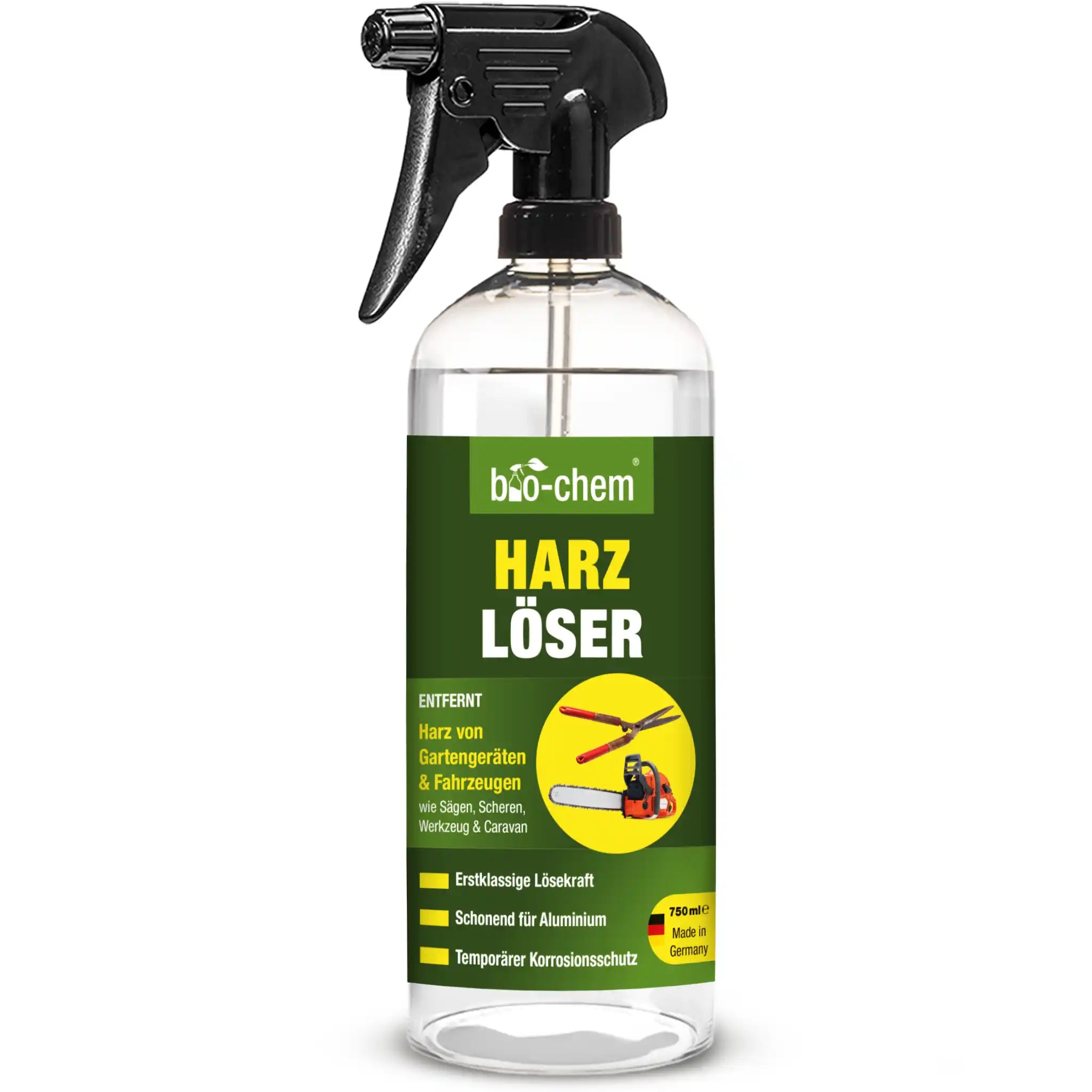 bio-chem Harzlöser in 750 ml Sprühflasche – Entfernt Harz von Gartengeräten, Werkzeugen und Fahrzeugen, schonend für Aluminium, mit temporärem Korrosionsschutz