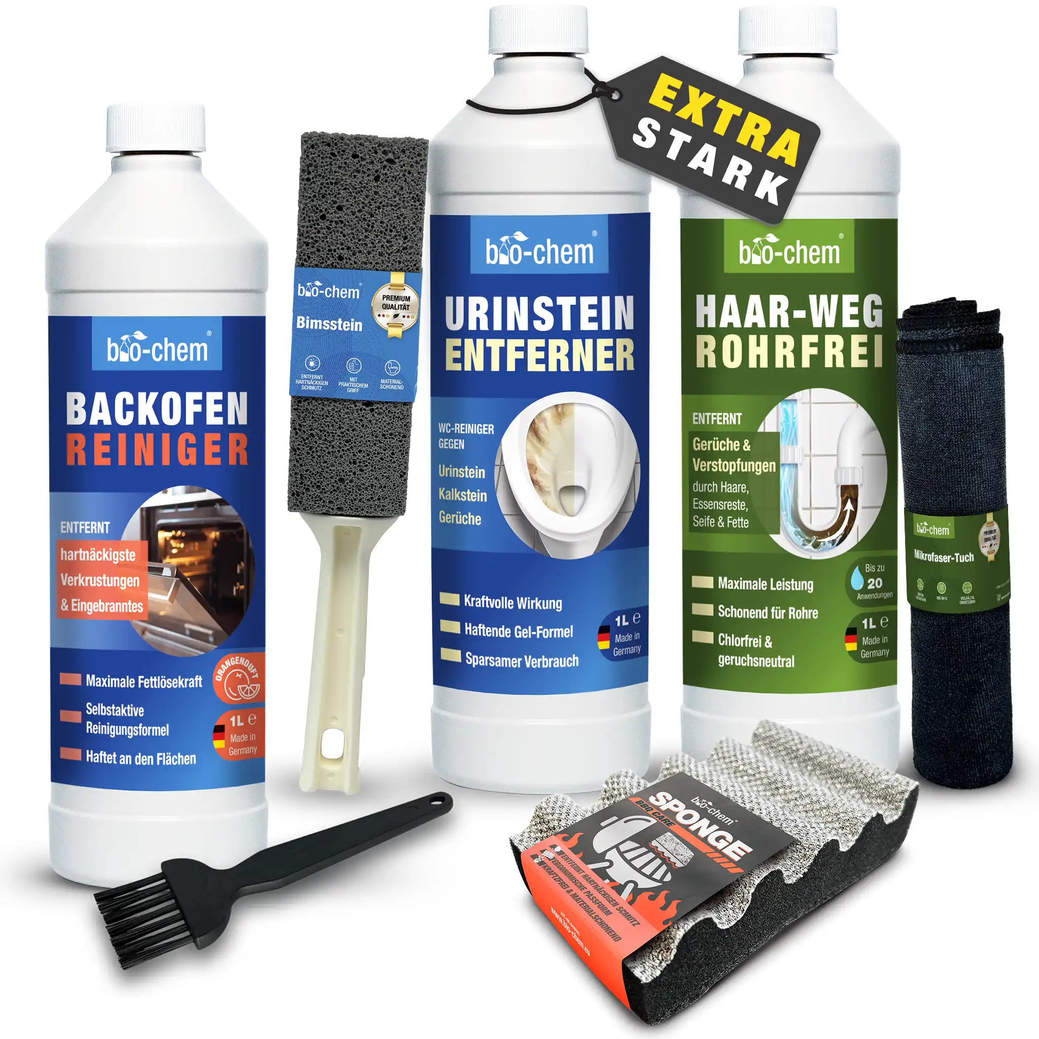 Haushaltsreiniger Set 6-teilig mit Backofenreiniger, Urinsteinentferner, Haar-Weg Rohrfrei, Bimsstein, Schwamm und Mikrofasertuch von bio-chem