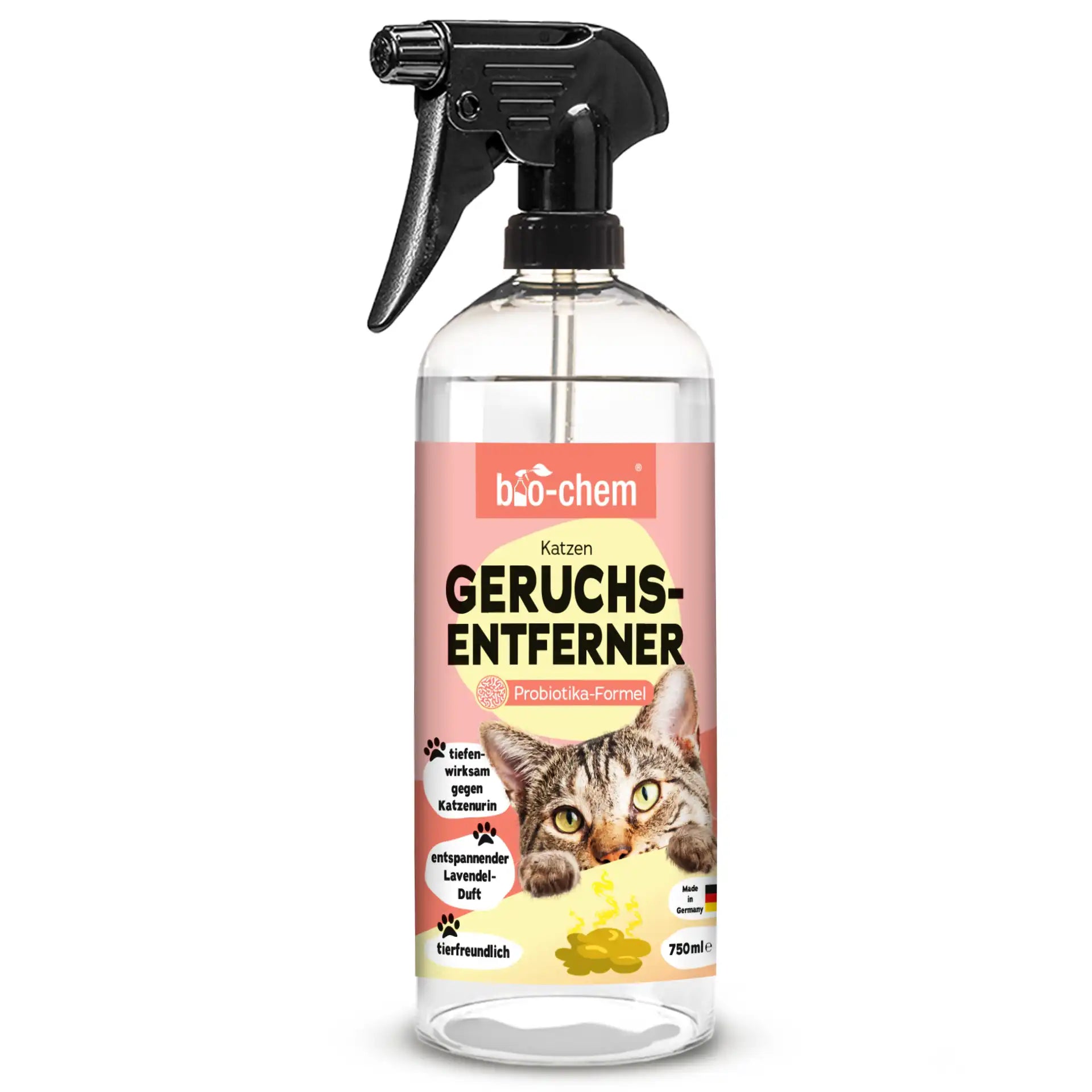 bio-chem Katzen Geruchsentferner 750 ml – Probiotika-Formel gegen Katzenurin, mit Lavendelduft, tierfreundlich und wirksam gegen hartnäckige Gerüche auf Teppichen, Möbeln und Textilien