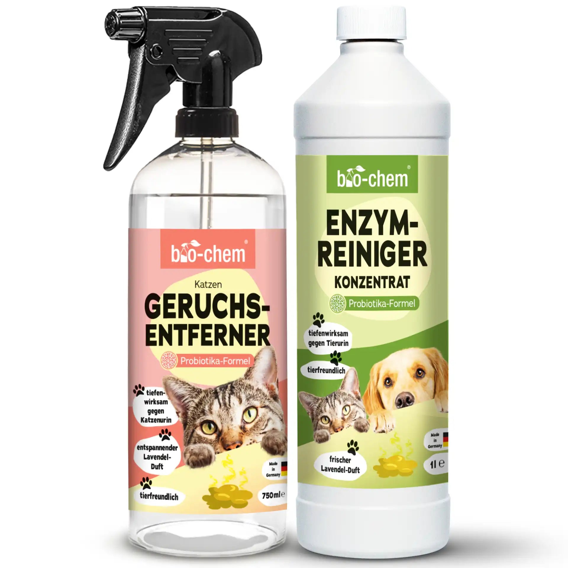 bio-chem Katzen Geruchsentferner 750 ml und Enzymreiniger Konzentrat 1 L – Probiotika-Formel gegen Tierurin, mit Lavendelduft, tierfreundlich