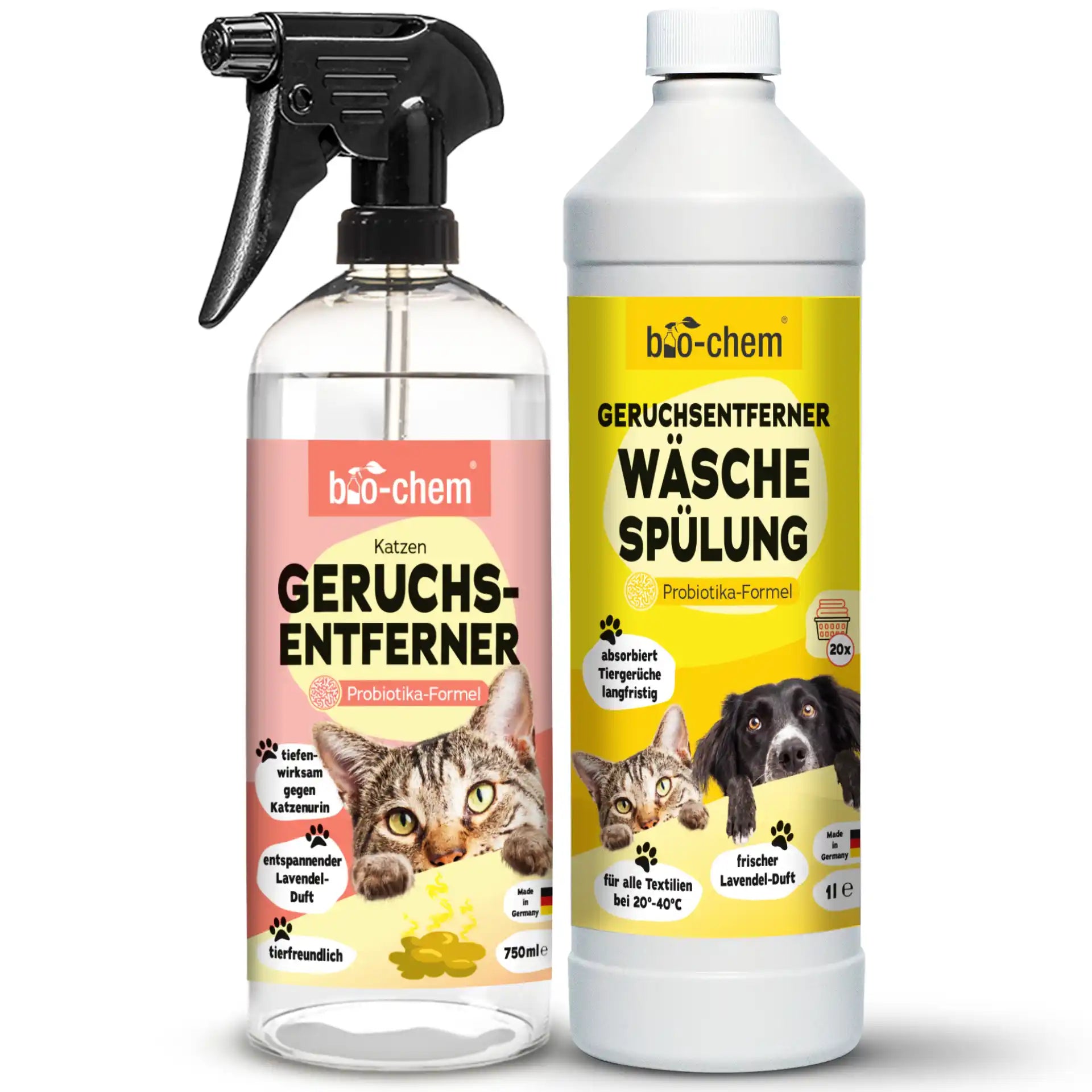bio-chem Katzen Geruchsentferner 750 ml und Geruchsentferner Wäschespülung 1 L – Probiotika-Formel gegen Tiergerüche, mit Lavendelduft, tierfreundlich
