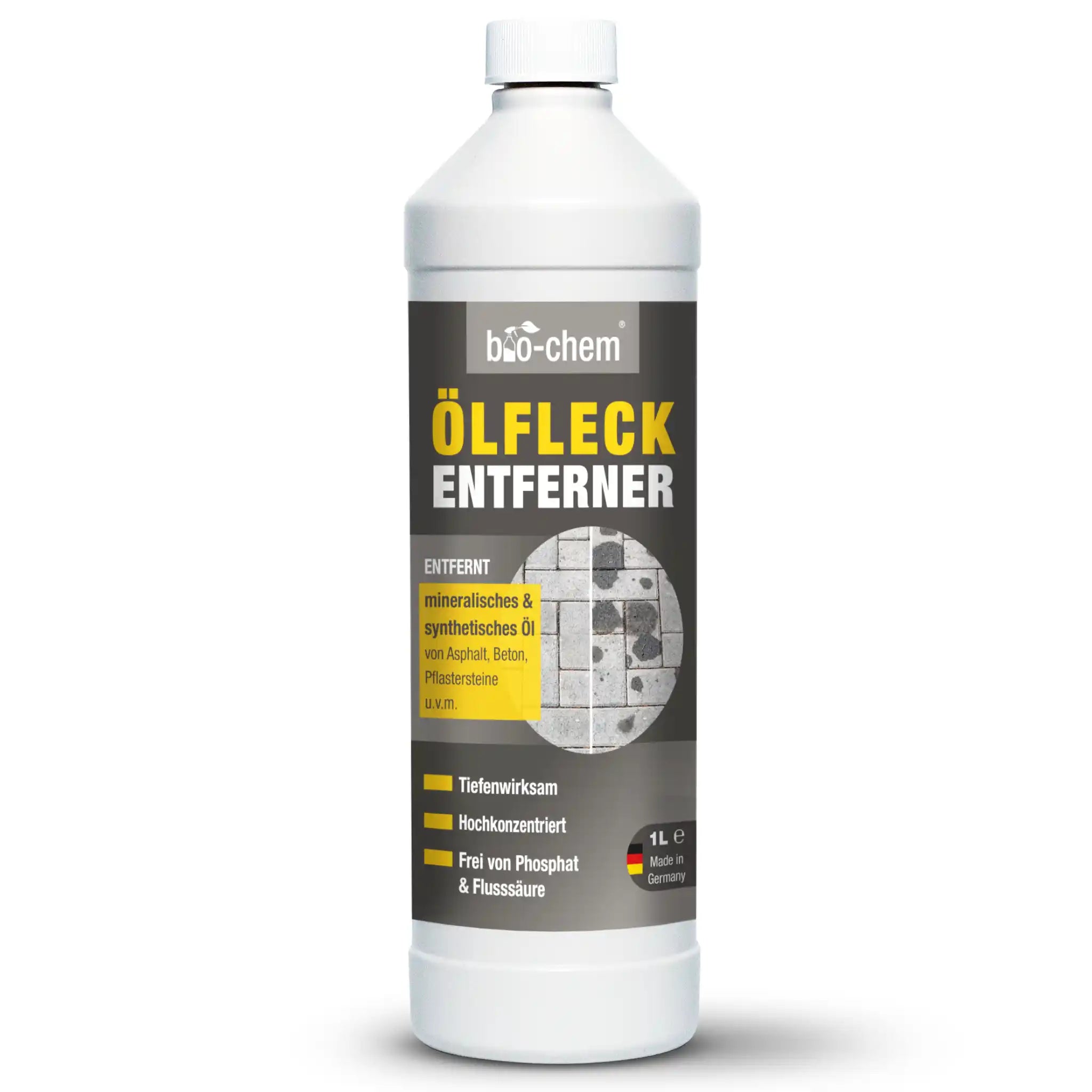 bio-chem Ölfleckentferner in 1 L Flasche – Entfernt mineralisches und synthetisches Öl von Asphalt, Beton, Pflastersteinen und weiteren Oberflächen, tiefenwirksam &amp; hochkonzentriert