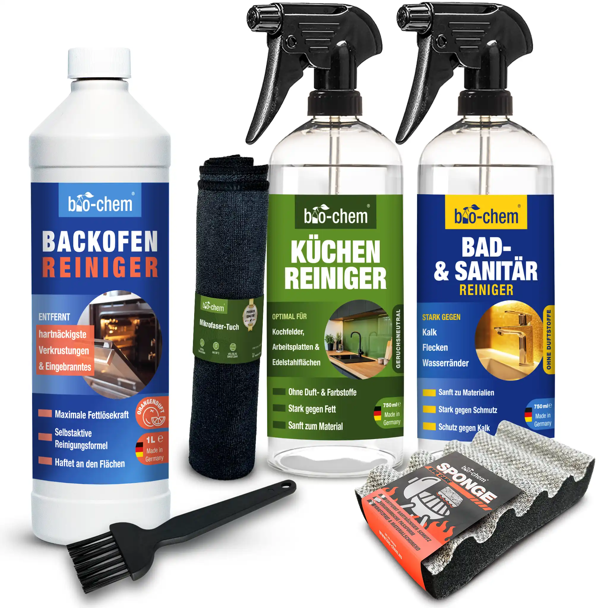 bio-chem Reinigungsset – Backofenreiniger, Küchenreiniger und Bad- &amp; Sanitärreiniger inklusive Pinsel, Mikrofasertuch und Grillreinigungsschwamm