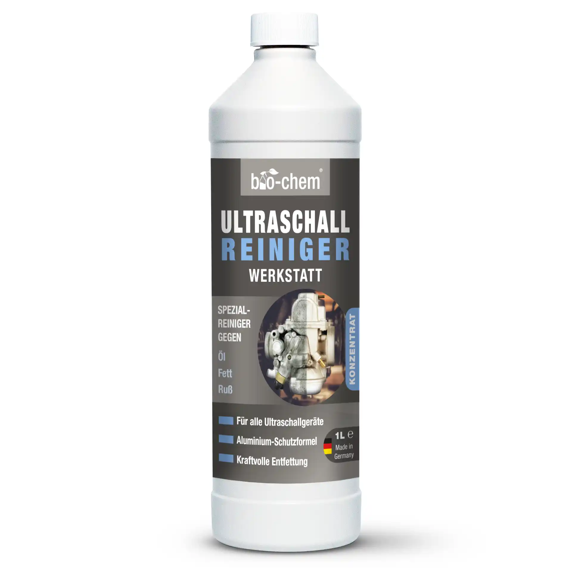 bio-chem Ultraschallreiniger Werkstatt in 1 L Flasche – Spezialreiniger gegen Öl, Fett und Ruß, geeignet für alle Ultraschallgeräte, mit Aluminium-Schutzformel und kraftvoller Entfettung