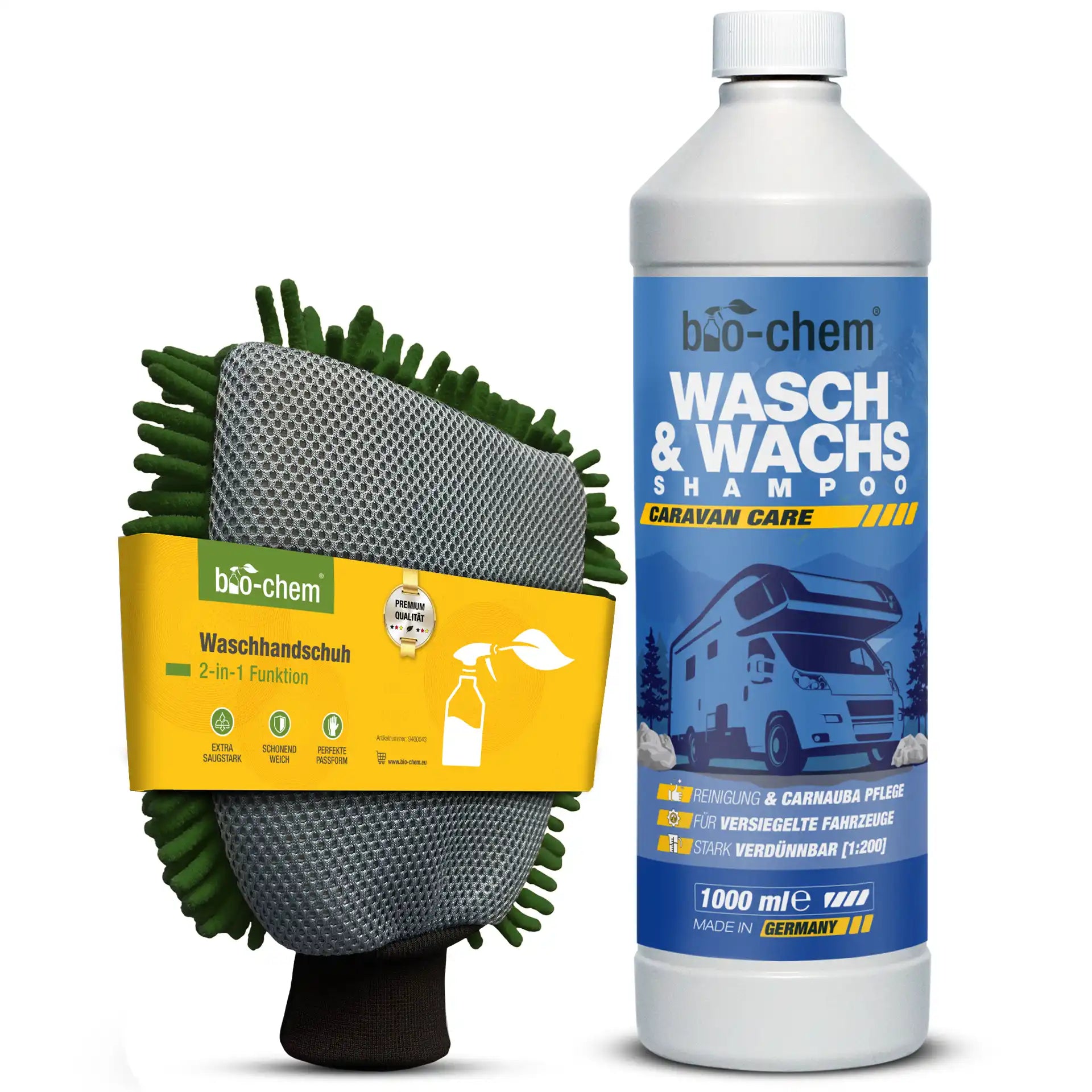 Waschhandschuh und Wasch &amp; Wachs Shampoo von bio-chem