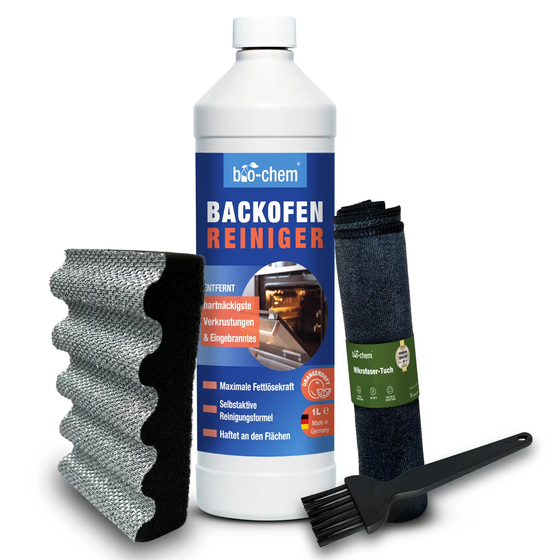 bio-chem Backofen Reiniger – Komplettes Set mit Reiniger, Schwamm, Mikrofasertuch und Pinsel für eine einfache und gründliche Reinigung