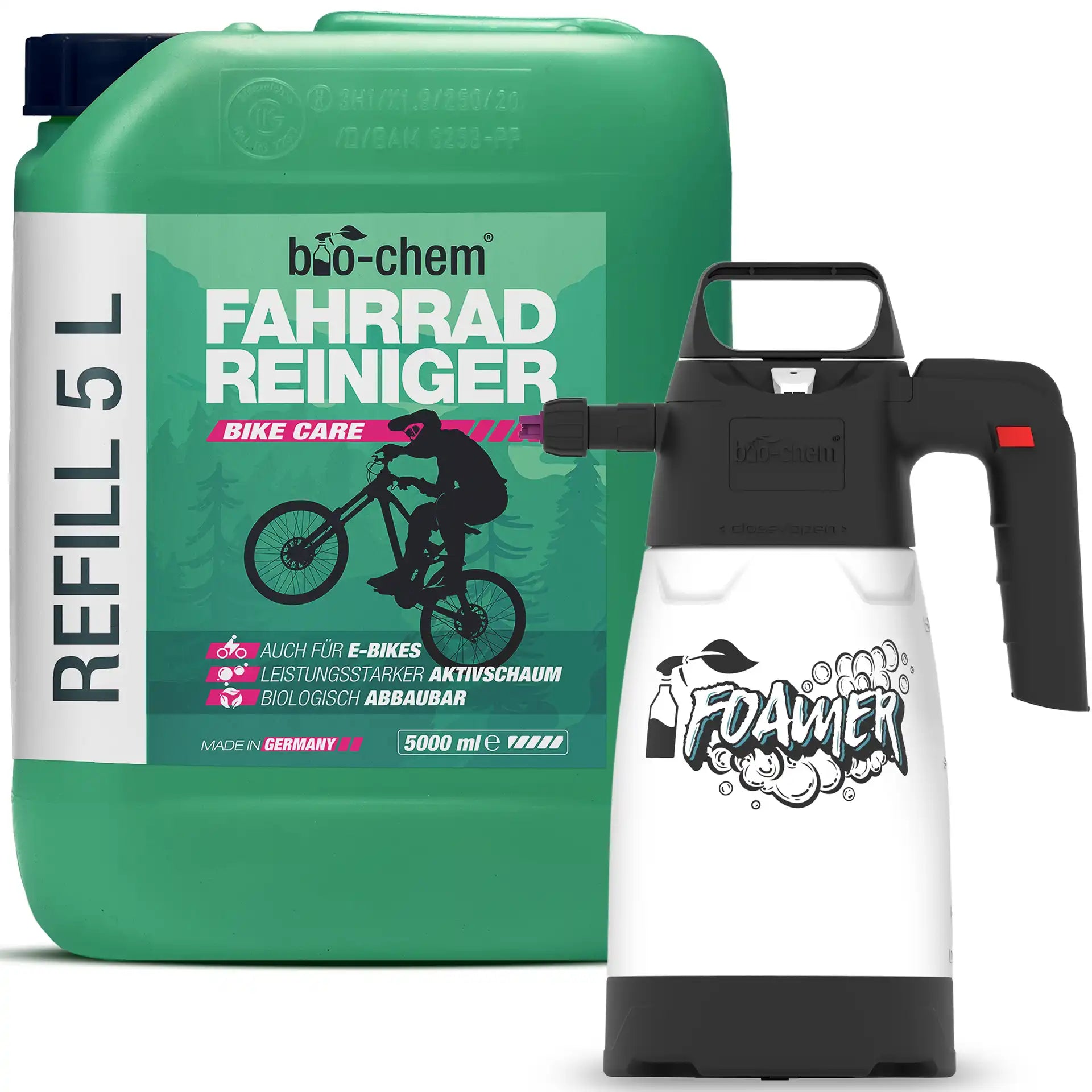 Fahrradreiniger 5 Liter Nachfüllkanister mit Foamer – kraftvoller Aktivschaum für großflächige und gründliche Fahrradreinigung von bio-chem