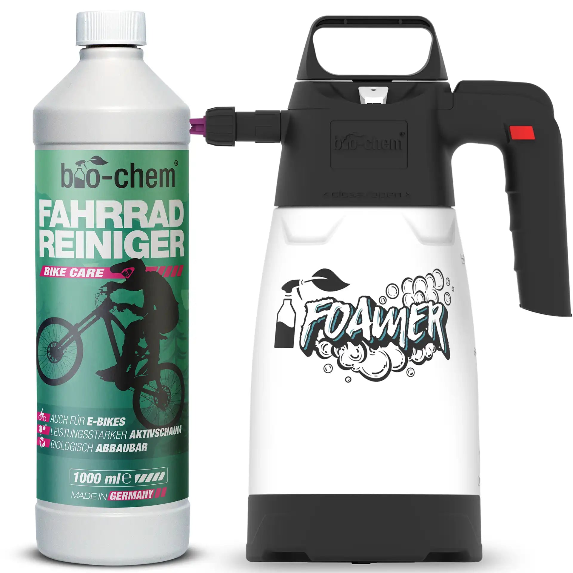 Fahrradreiniger 1000 ml Flasche mit Foamer – leistungsstark, biologisch abbaubar, ideal für E-Bikes und empfindliche Oberflächen von bio-chem