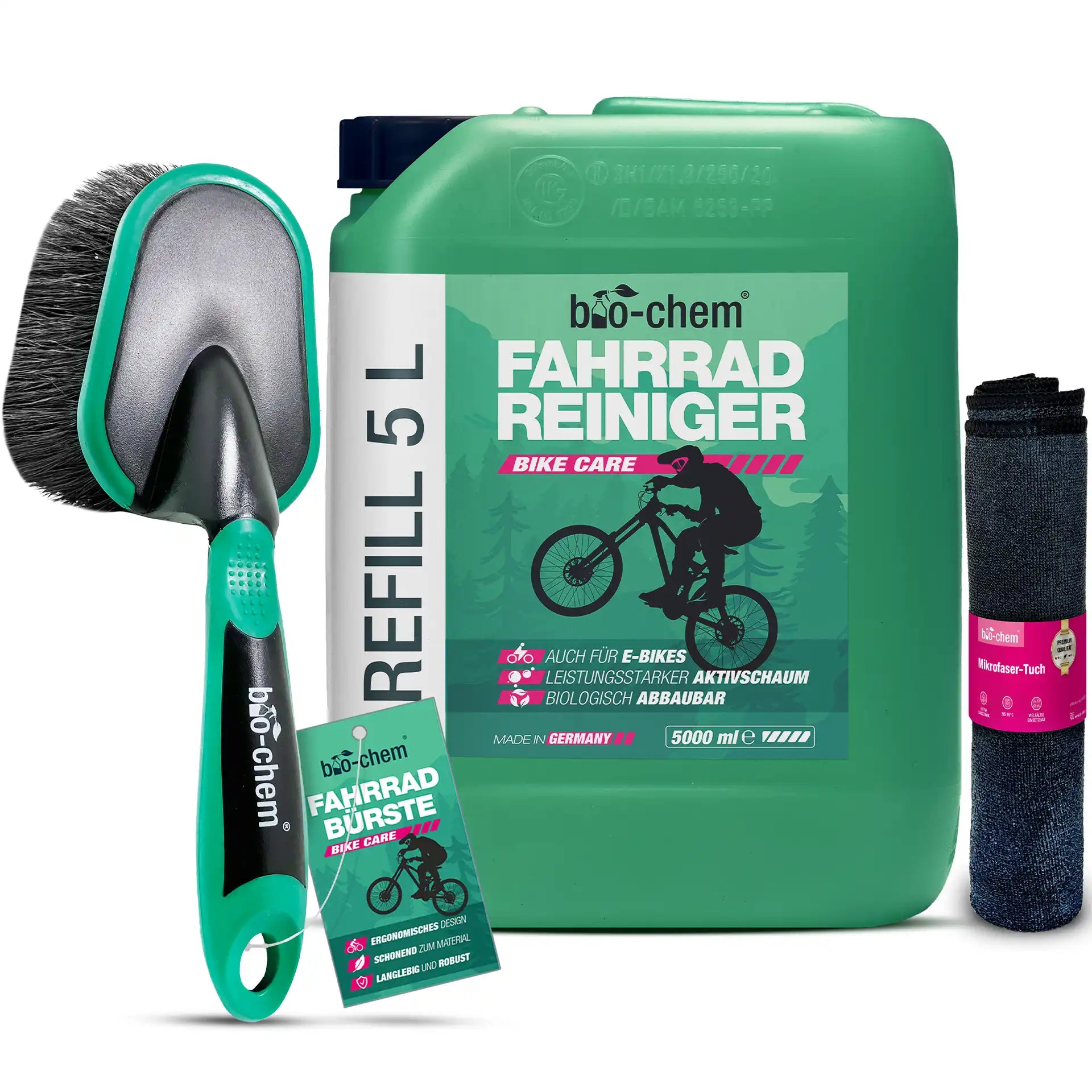 Fahrradreiniger Set mit 5 Liter Kanister, weicher Bürste und Mikrofasertuch – gründliche und materialschonende Reinigung von bio-chem