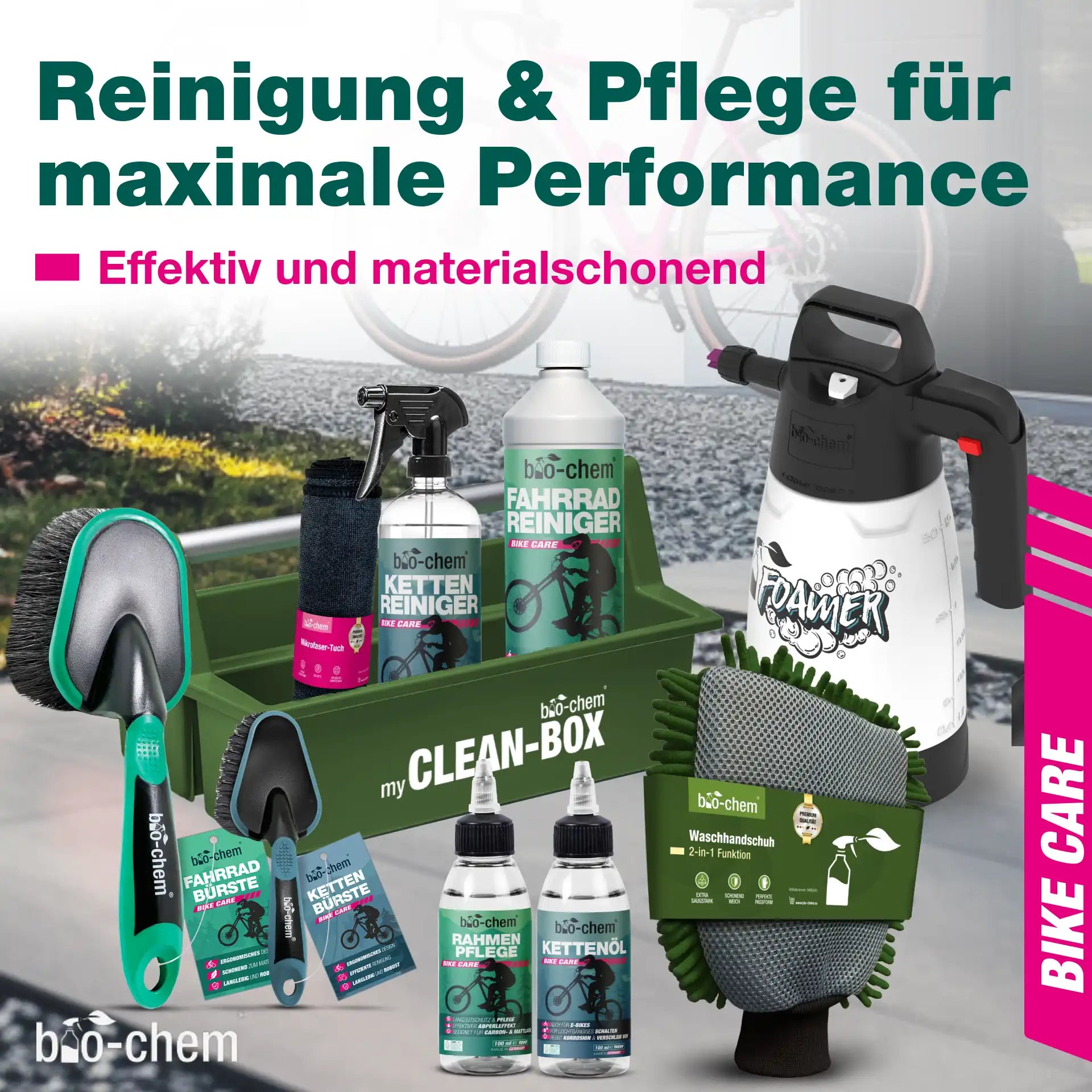 Fahrradpflege-Set für maximale Performance – effektiv, materialschonend, mit Clean-Box, Foamer, Reinigern, Pflegeprodukten und Zubehör von bio-chem