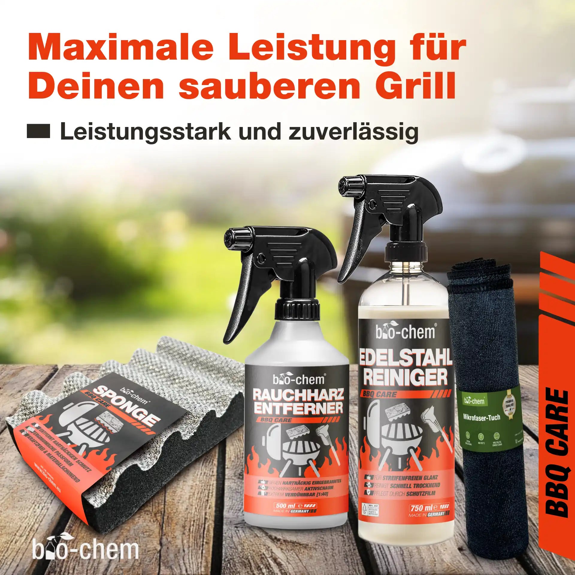 Produkt-Set bestehend aus Reinigern, Schwamm und Tuch vor Grillhintergrund – mit Leistungsversprechen