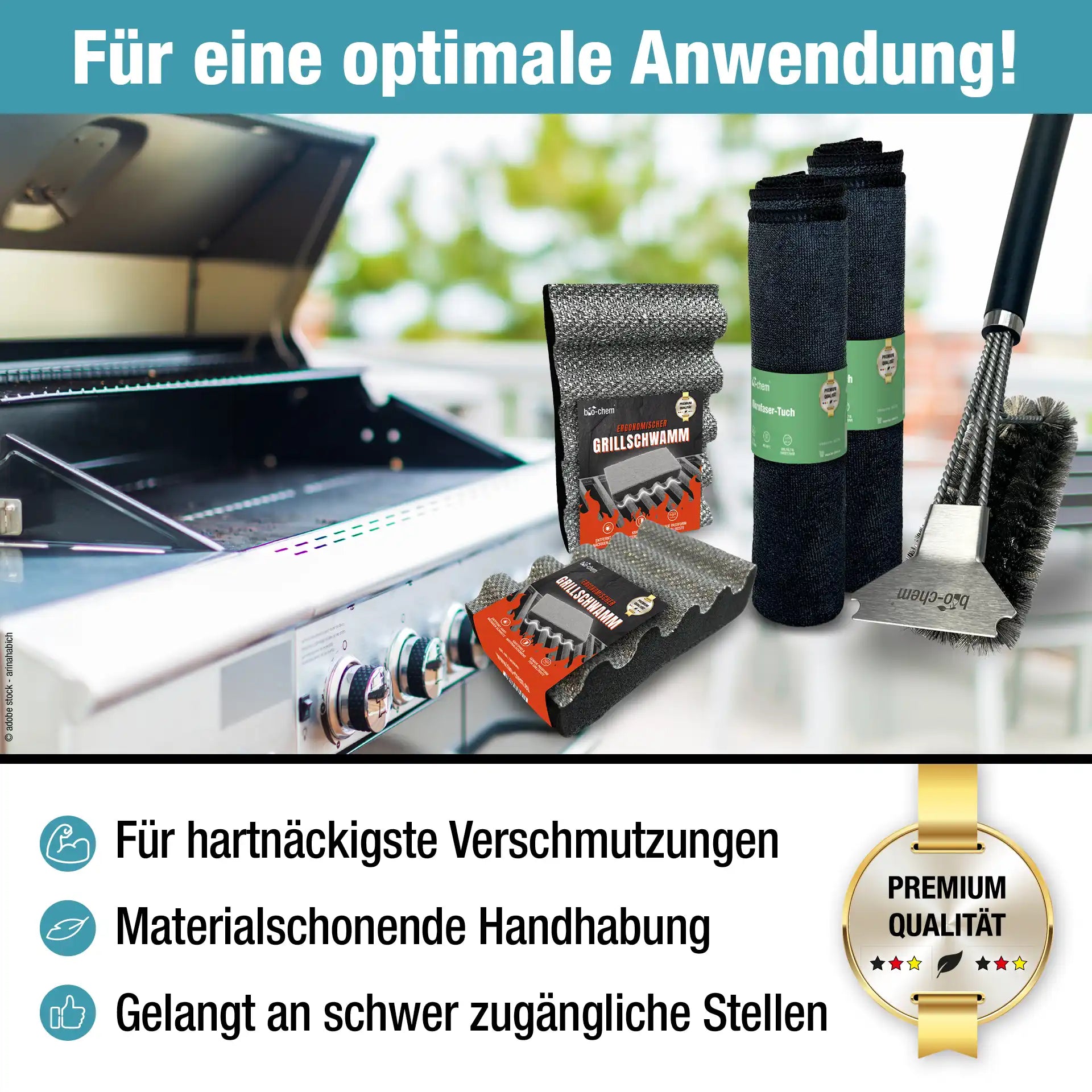 Hochwertige Grillbürste mit langem Griff, Edelstahlborsten, Haken zum Aufhängen und integriertem Schaber