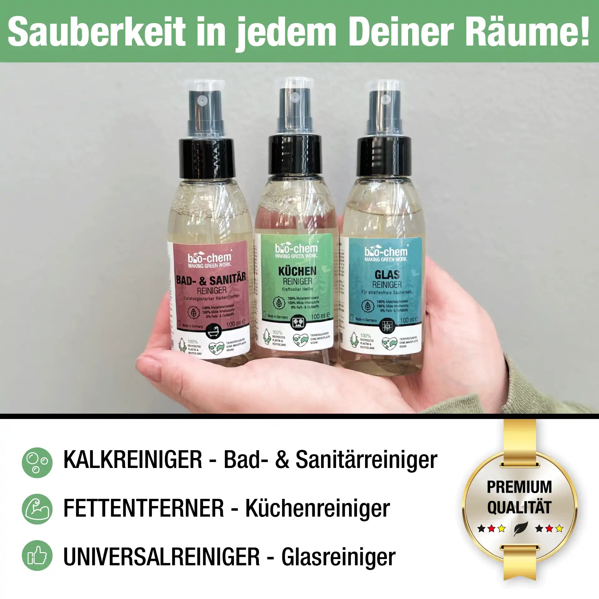 Hand hält drei Flaschen bio-chem Reiniger, darüber Text „Sauberkeit in jedem Deiner Räume“ mit Symbolen für Kalk-, Fett- und Universalreiniger
