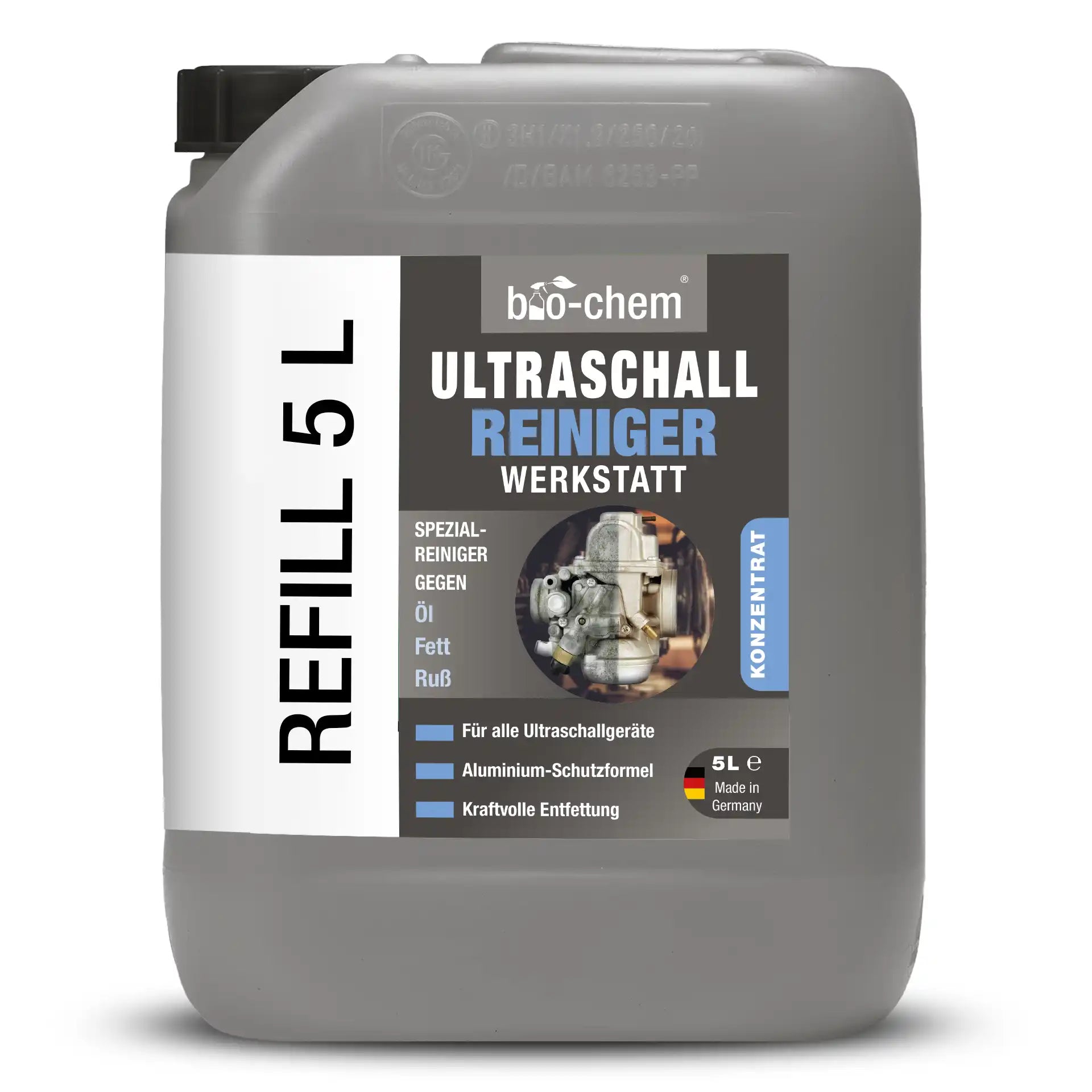 bio-chem Ultraschallreiniger Werkstatt im 5 L Nachfüllkanister – Hochkonzentrierter Spezialreiniger für Ultraschallgeräte, entfernt Öl, Fett und Ruß, mit Aluminium-Schutzformel