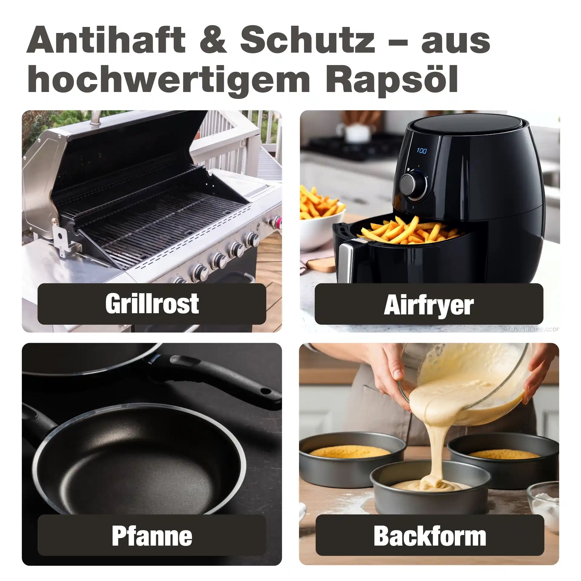 Übersicht der Anwendungsbereiche: Grill, Airfryer, Pfanne und Backform – bio-chem Ölspray aus hochwertigem Rapsöl