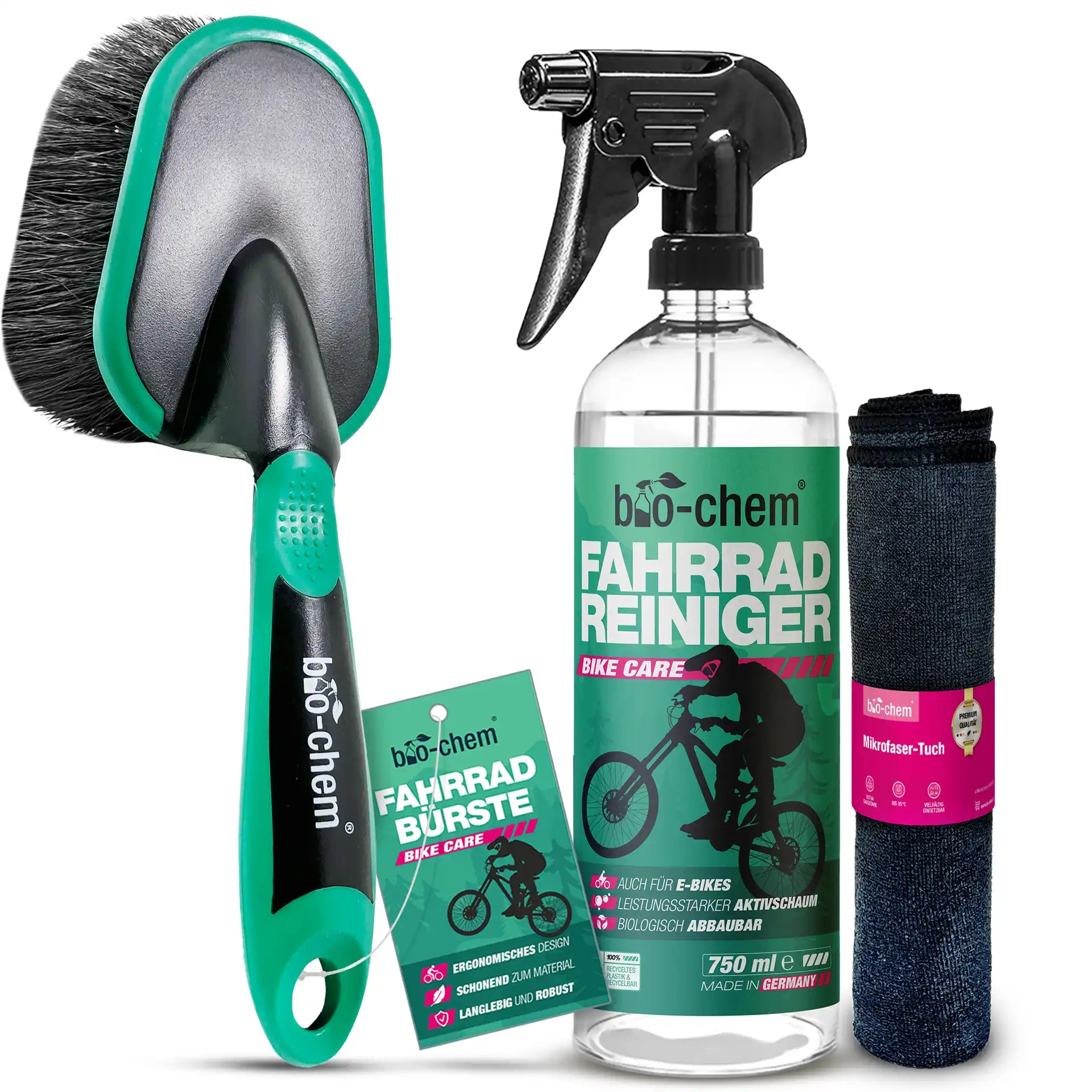 Fahrradreiniger Set mit 750 ml Sprühflasche, weicher Fahrradbürste und Mikrofasertuch – materialschonend und effektiv von bio-chem
