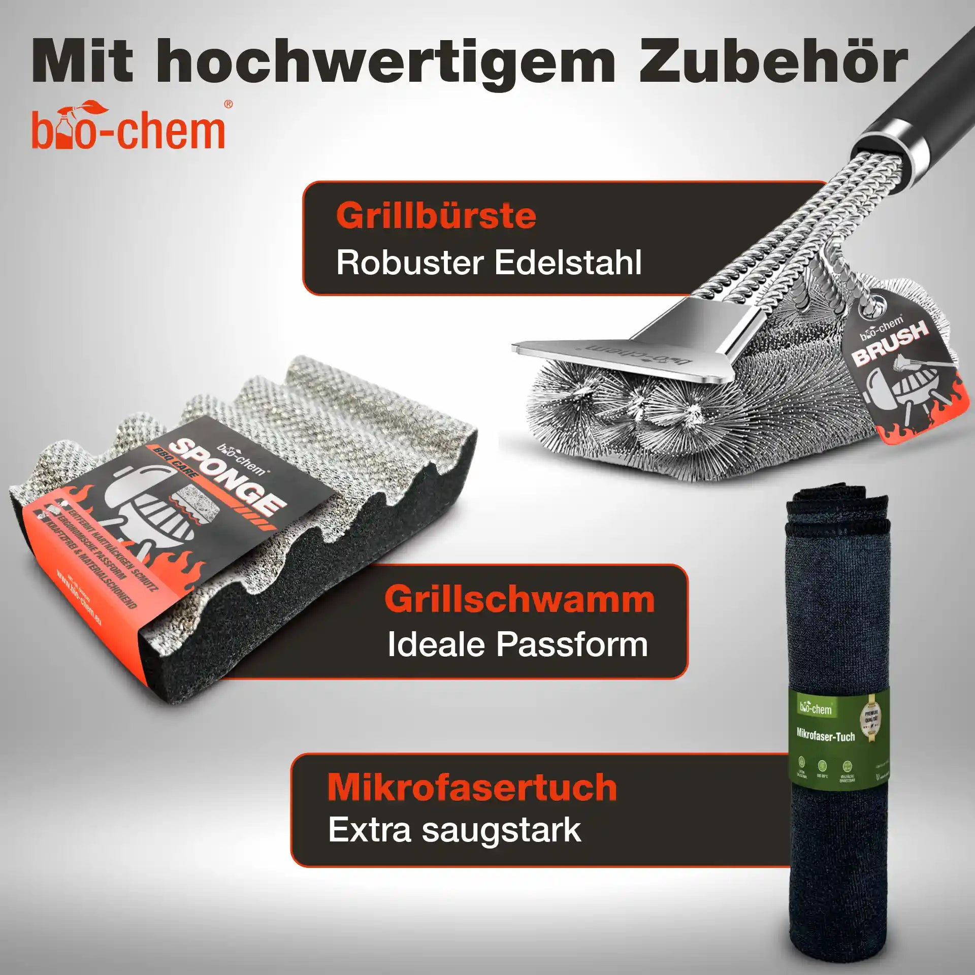 Hochwertiges Grillzubehör: Edelstahlbürste, geformter Grillschwamm und saugstarkes Tuch