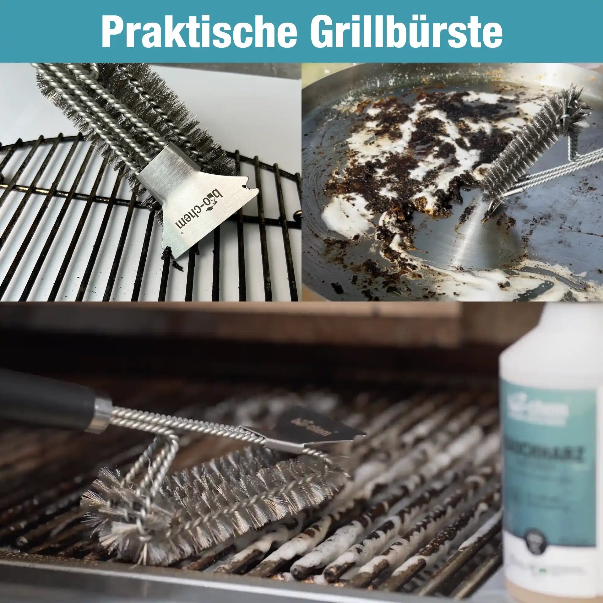Drei Anwendungsszenen mit bio-chem Edelstahlbürste auf verschmutzten Oberflächen