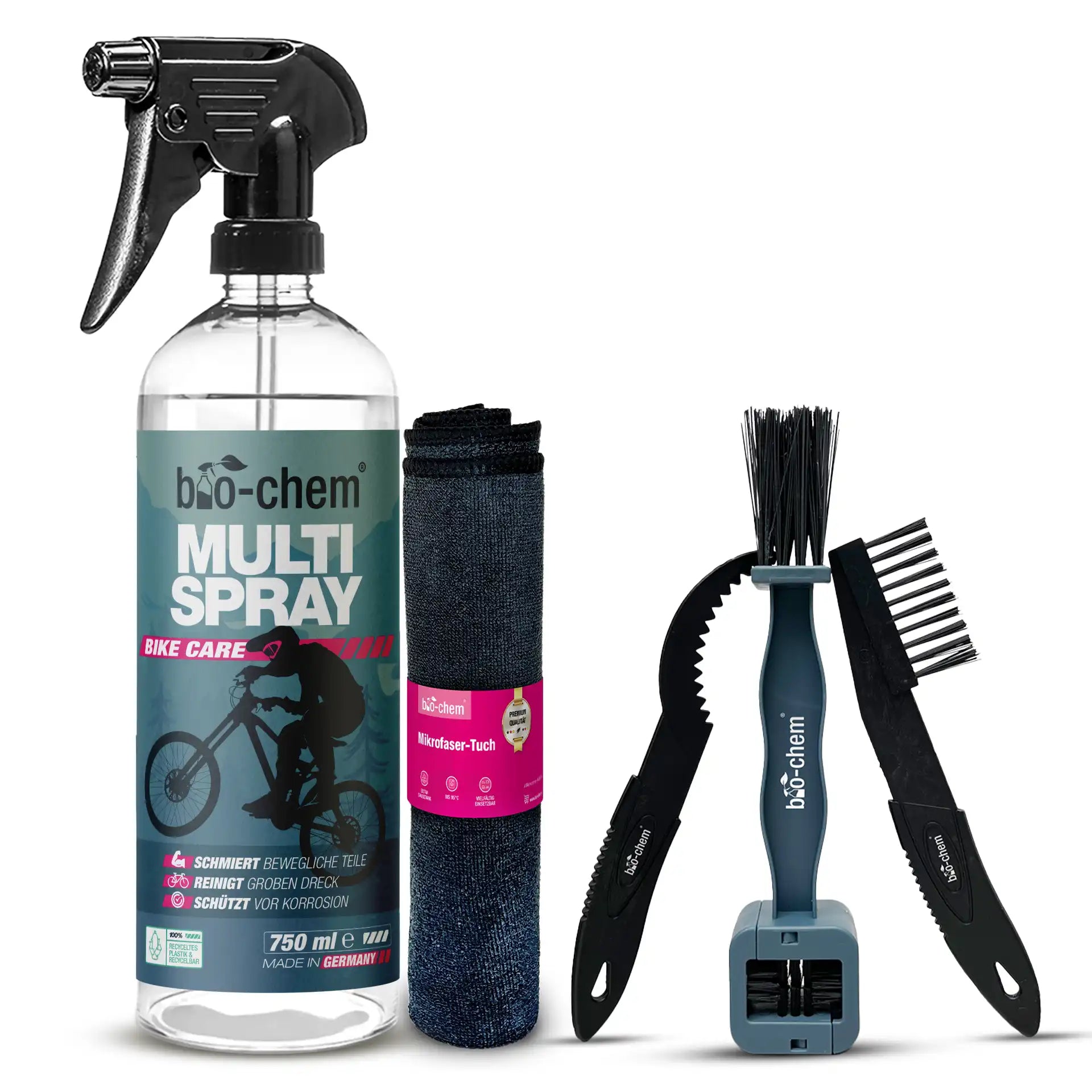 Multi Spray Set – 750 ml Sprühflasche, Mikrofasertuch und Bürstenset für effektive Reinigung, Schmierung und Pflege