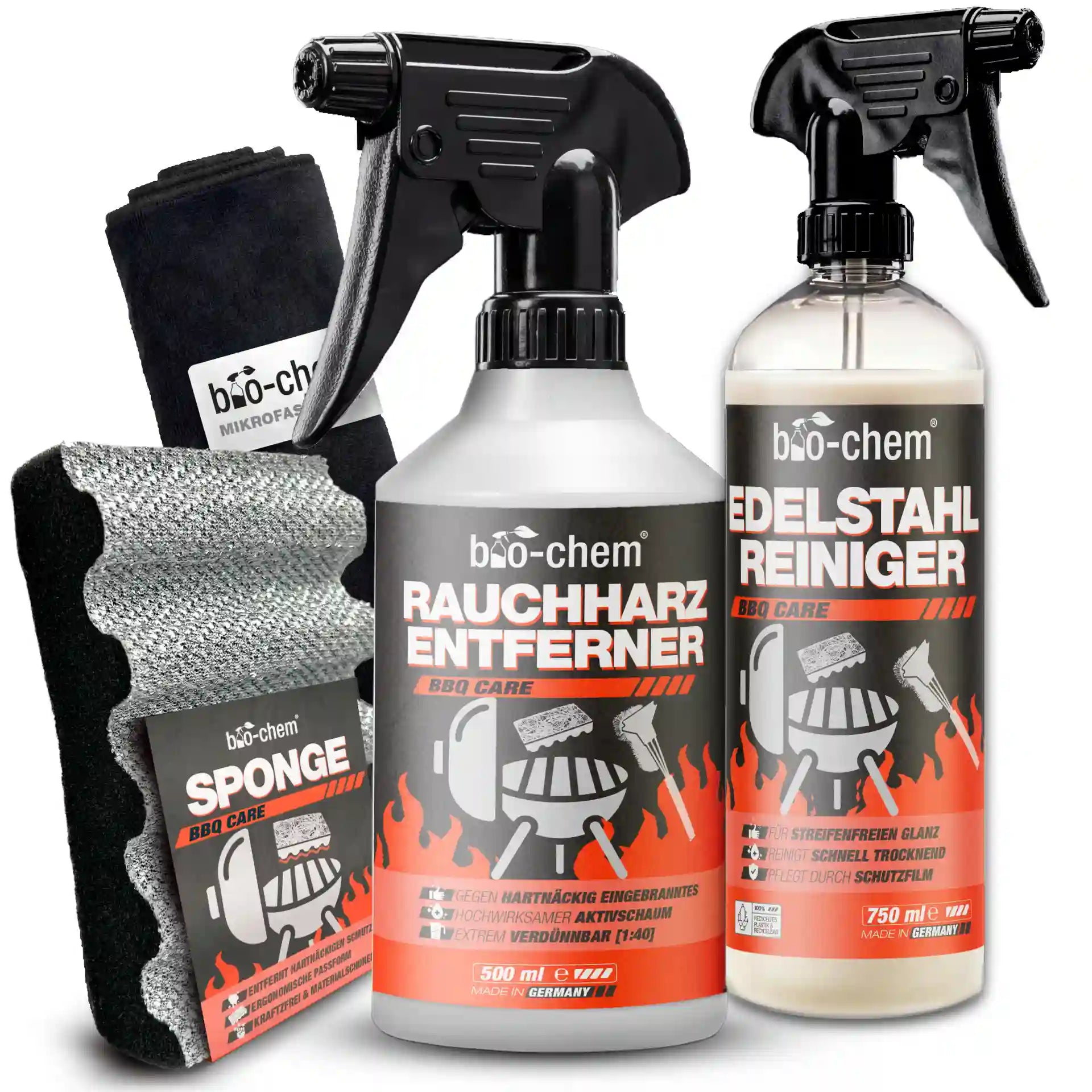 bio-chem BBQ Care Grillreinigungs-Set 4-teilig mit Rauchharz-Entferner, Edelstahl-Reiniger, Grillschwamm und Mikrofasertuch.