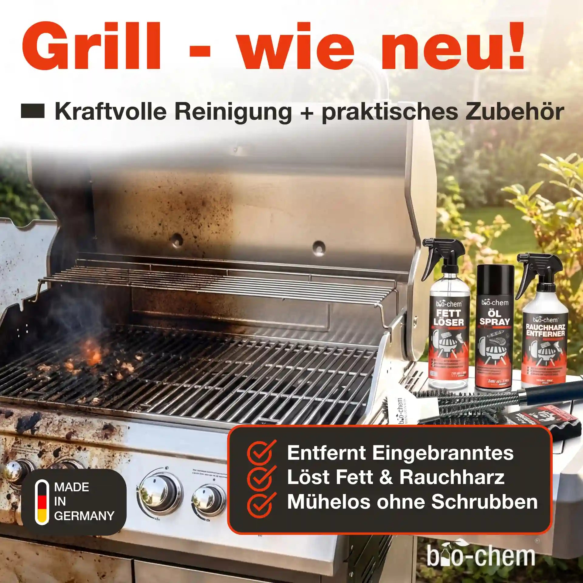 Grill reinigen wie neu mit Grillreiniger Set entfernt eingebranntes Fett und Rauchharz mühelos ohne Schrubben