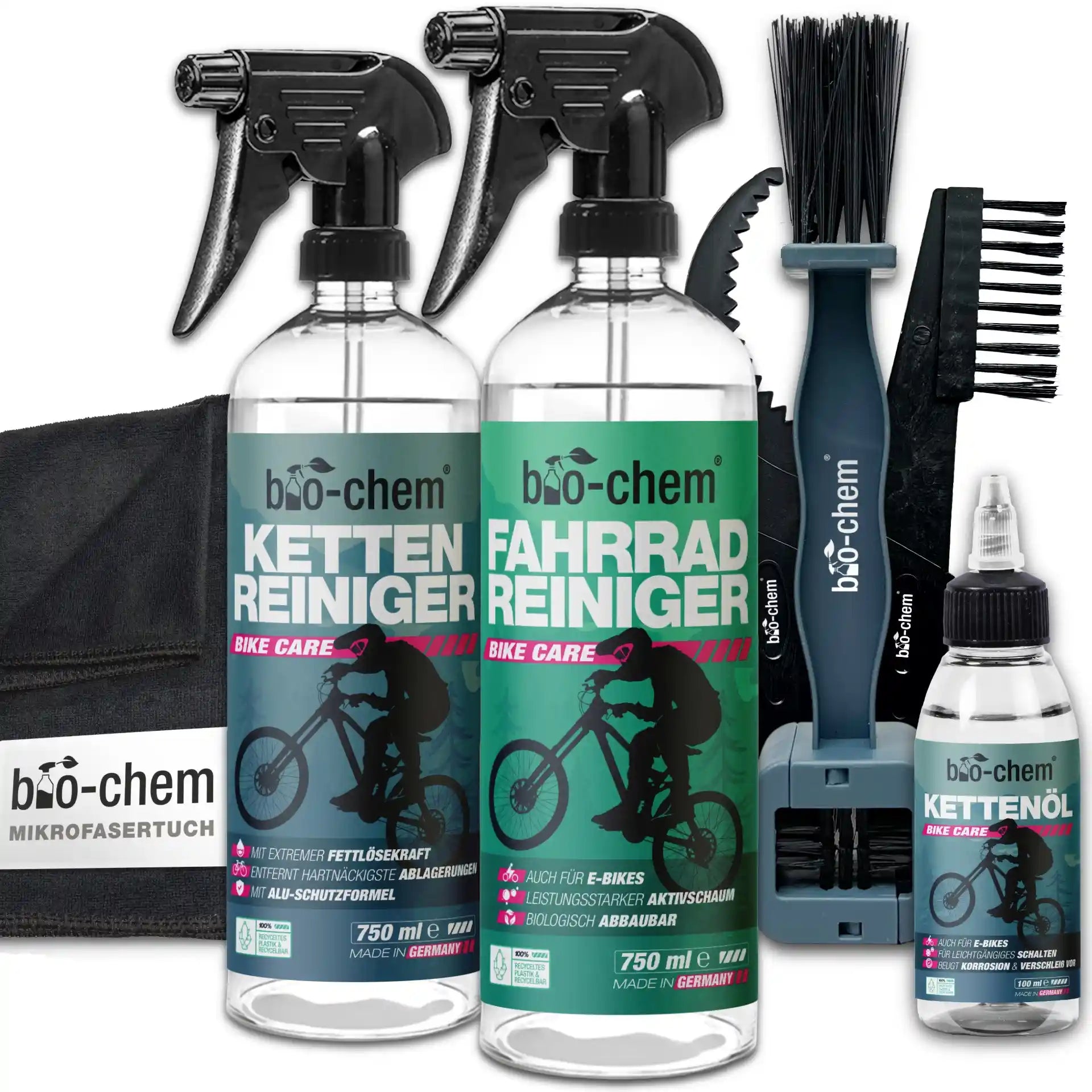 bio-chem BIKE CARE Fahrrad-Reinigung Profi-Set 7-teilig mit Kettenreiniger, Fahrradreiniger, Kettenöl und Bürstenset.