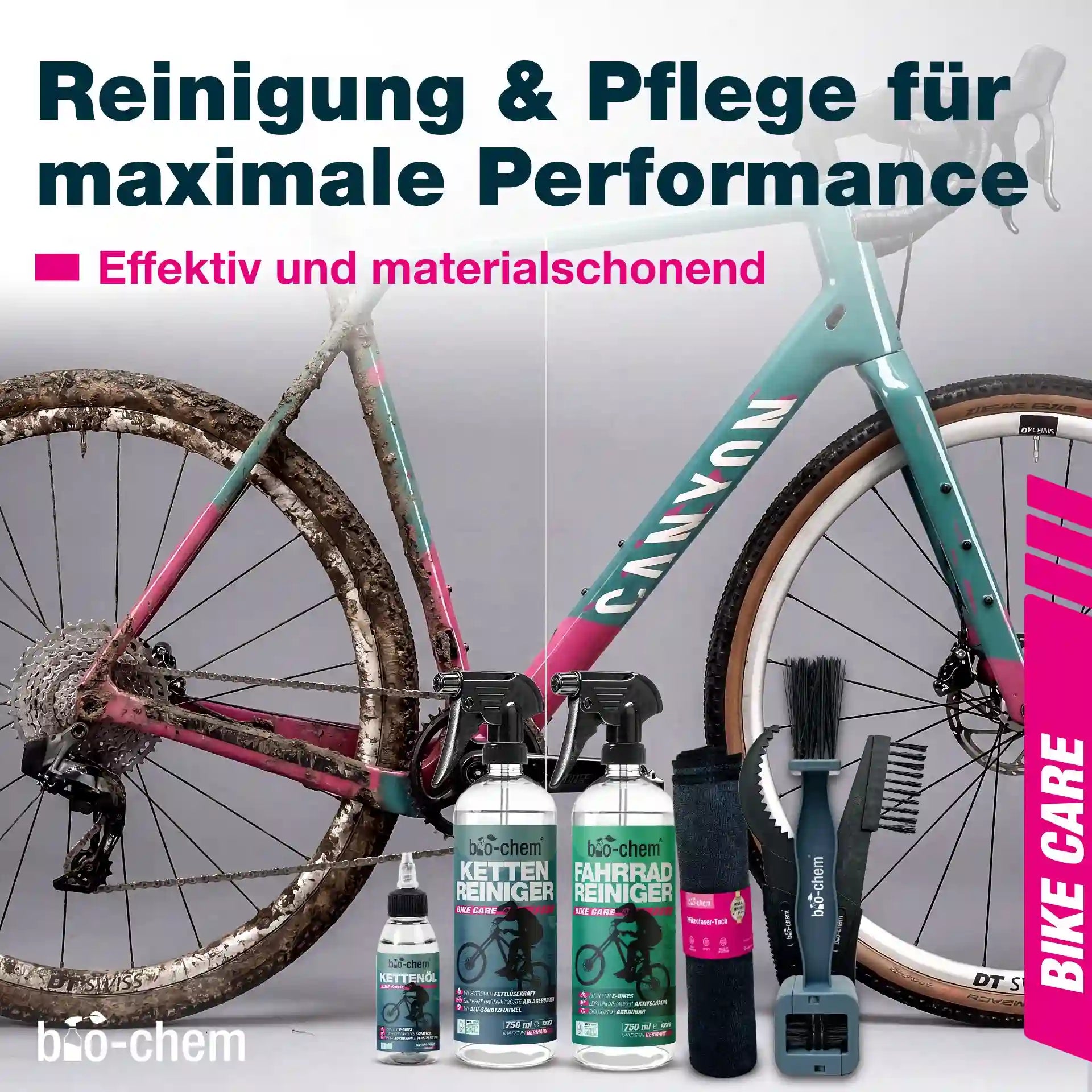 Vorher-Nachher Vergleich einer Fahrradreinigung am Gravelbike mit effektiven bio-chem BIKE CARE Pflegeprodukten.