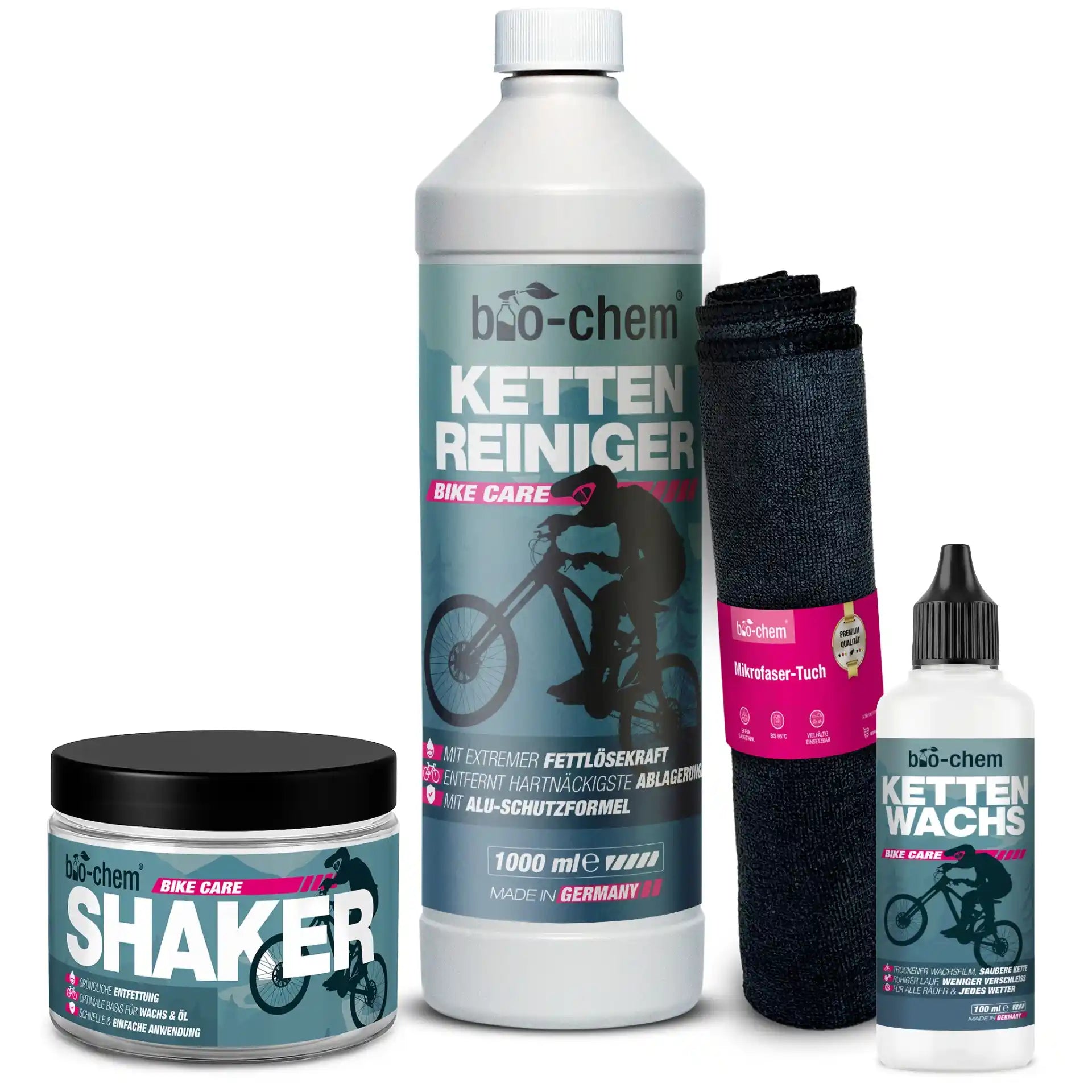 bio-chem Kettenwachs-Set: Reiniger, Shaker, Tuch und Wachs.