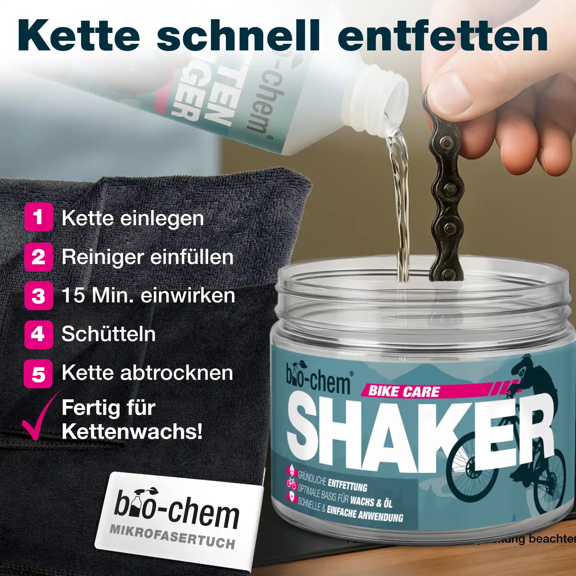 Anleitung: Kette entfetten im bio-chem Shaker mit Reiniger.
