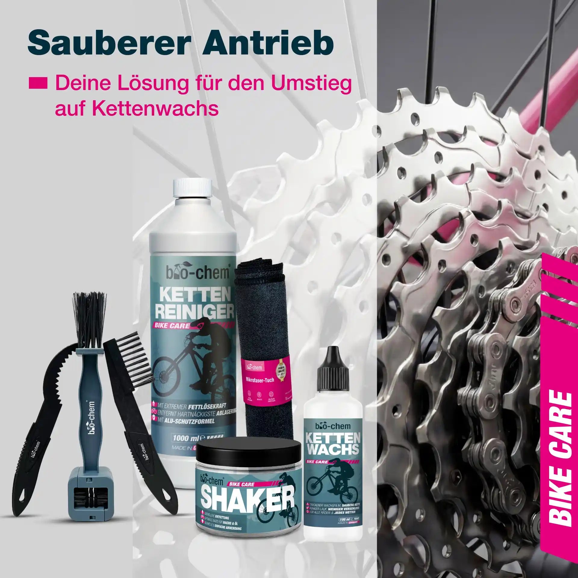 Saubere Fahrradkassette durch Umstieg auf bio-chem Kettenwachs-System zur Reduzierung von Schmutz.